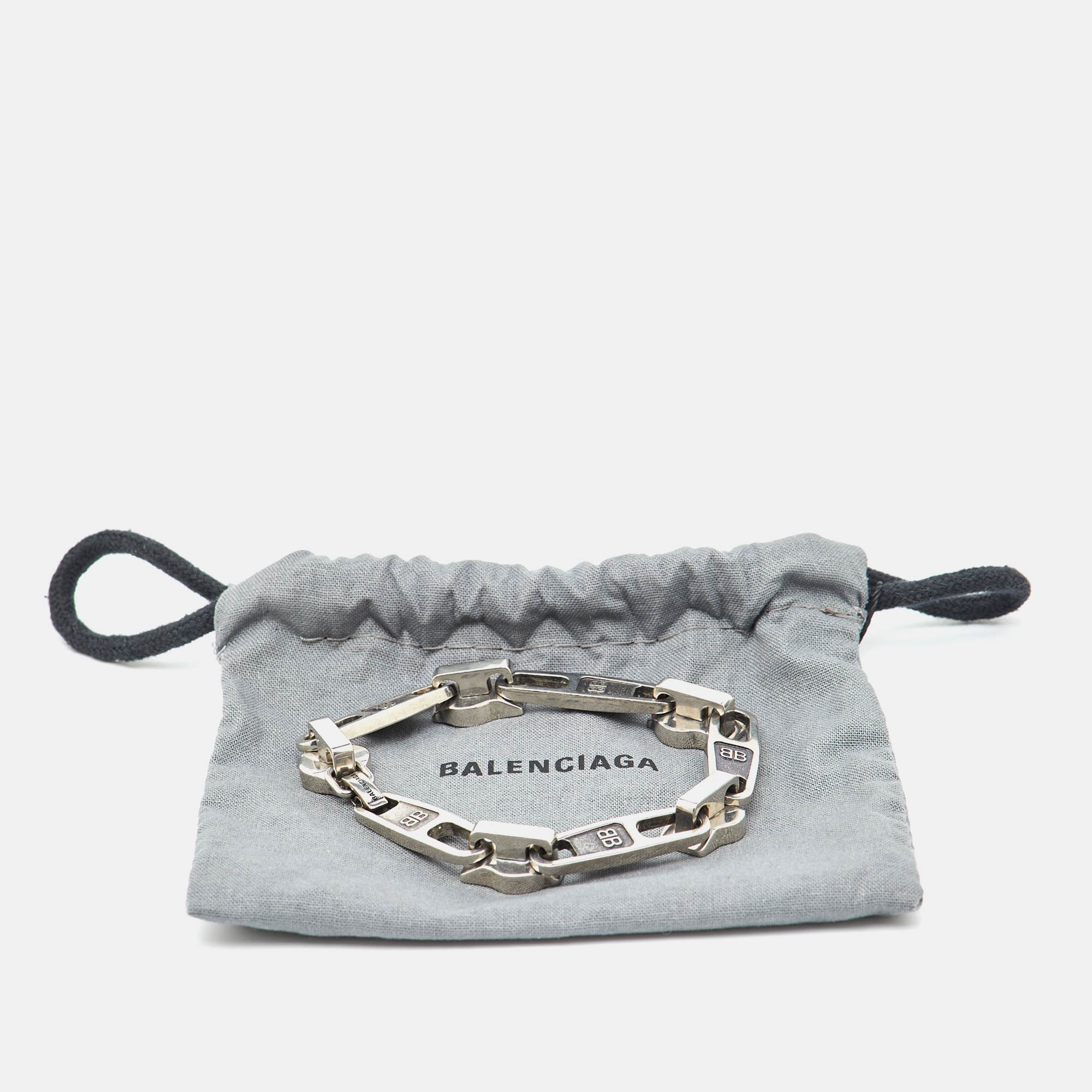 Balenciaga Silver Tone Zip Logo Motif Link Bracelet M