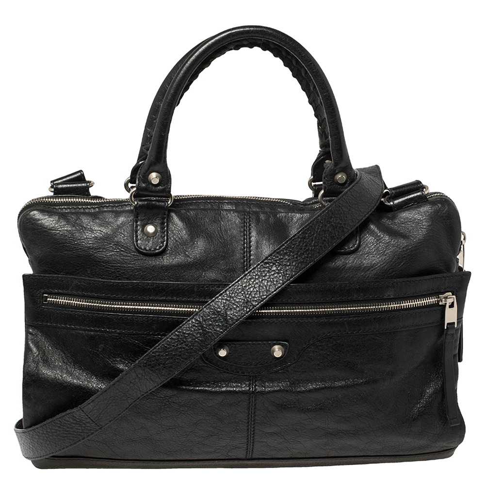 Balenciaga Black Crinkled Leather Briefcase Bag