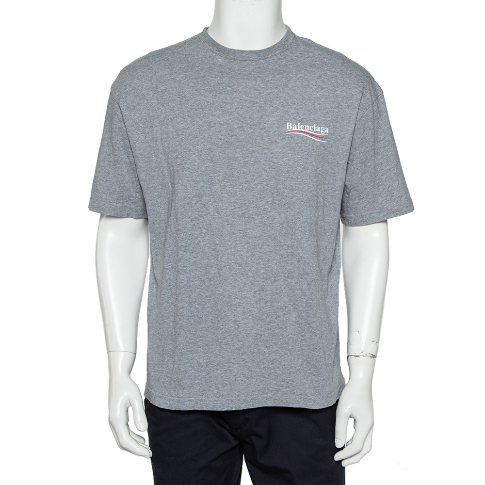 Balenciaga Grey Cotton Campaign Logo Crew Neck T Shirt S