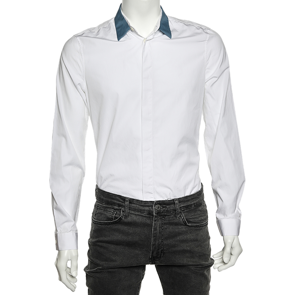 Balenciaga white cotton contrast collar detail button front shirt m