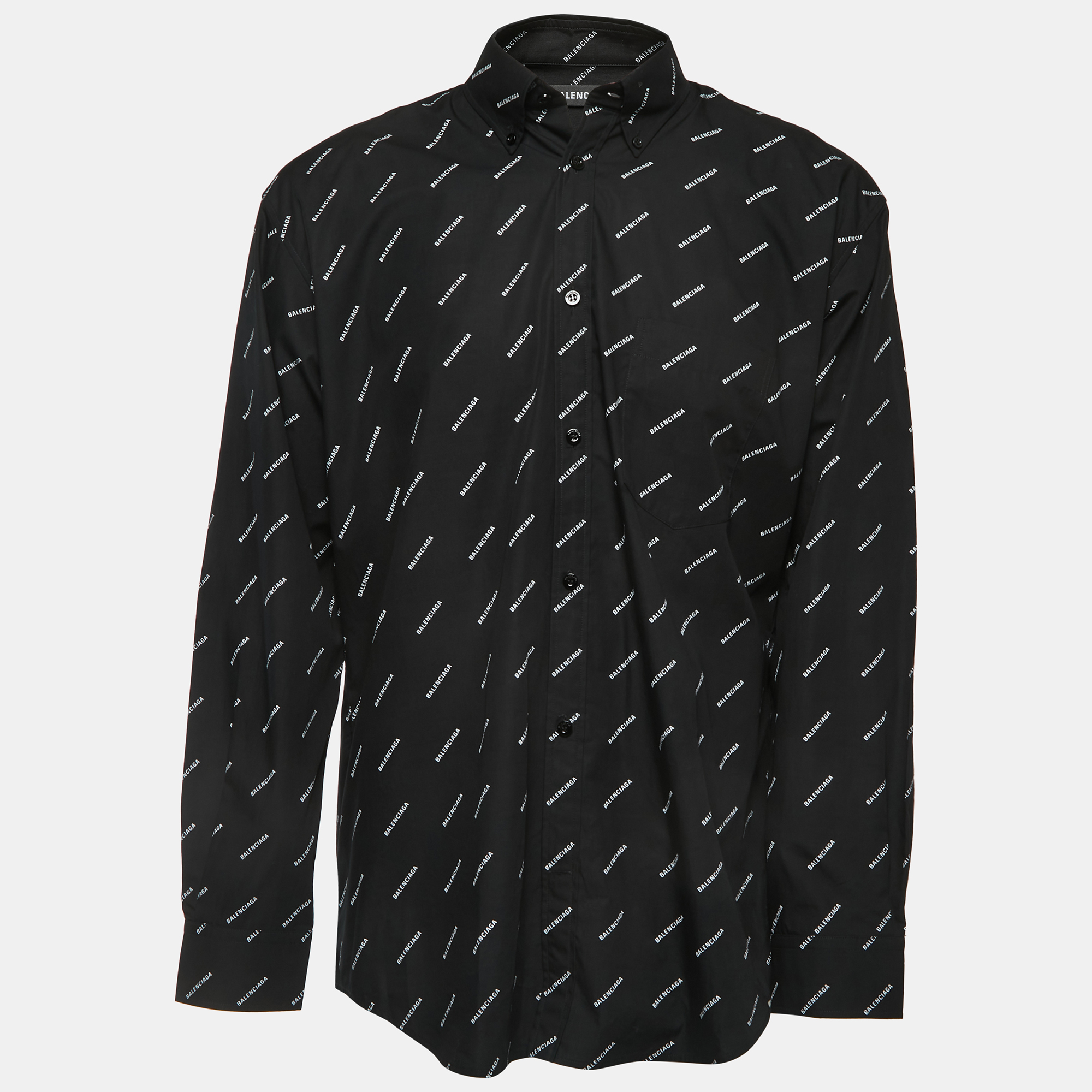 Balenciaga Black All-Over Logo Print Cotton Button Down Full Sleeve Shirt M