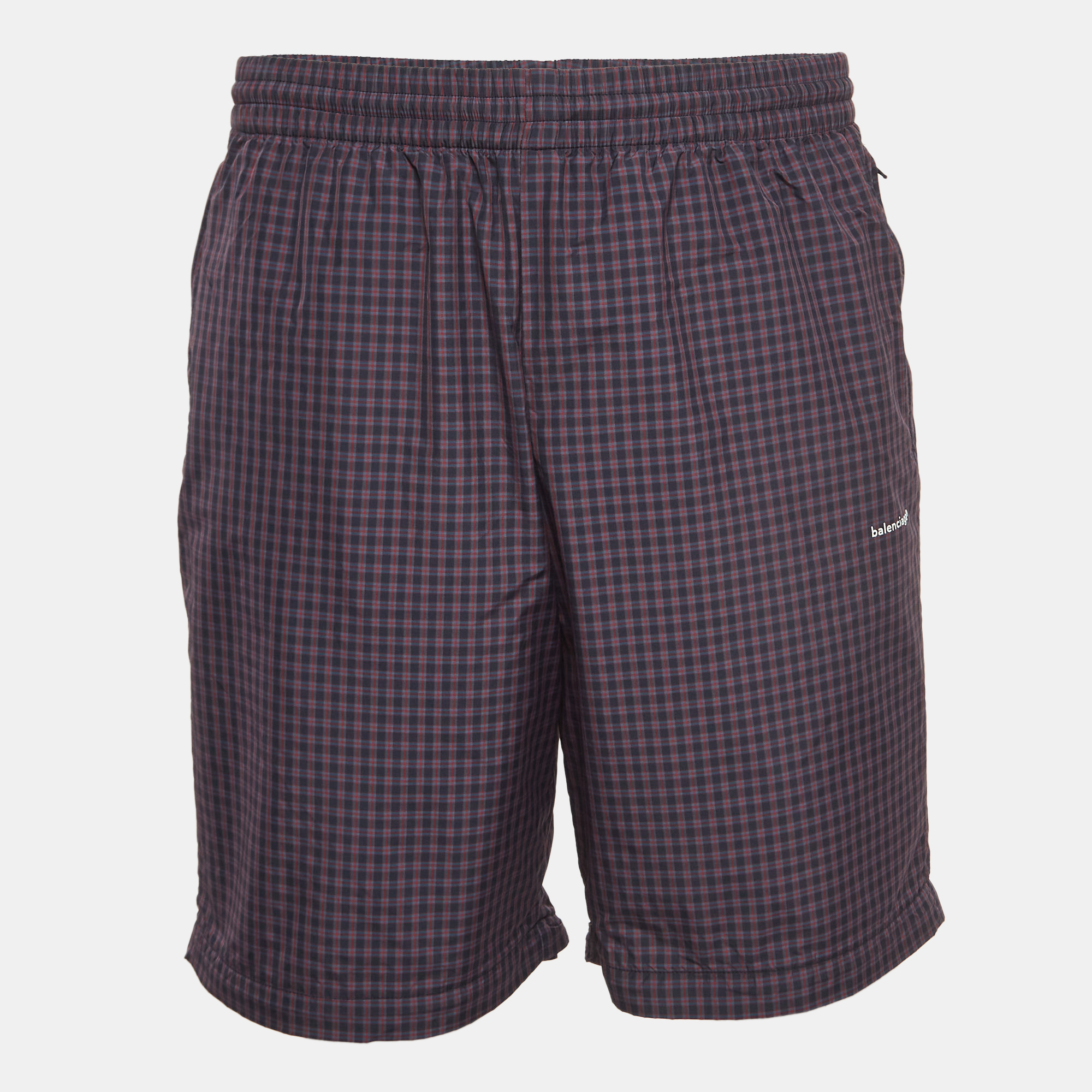 Balenciaga navy blue/red checked nylon drawstring shorts m
