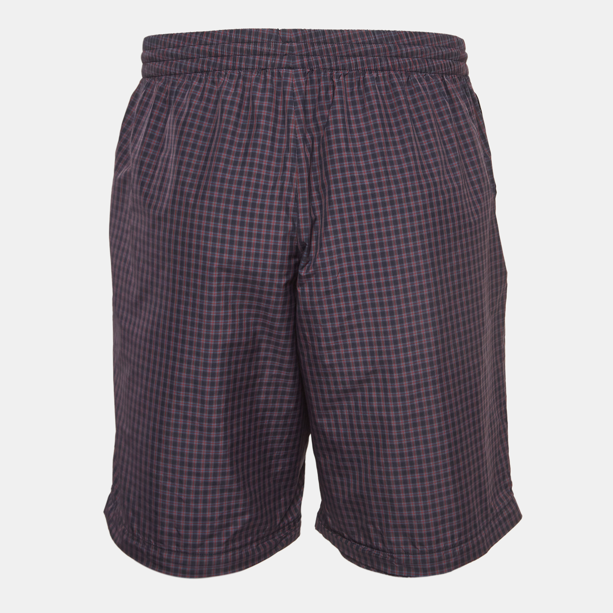 Balenciaga Navy Blue/Red Checked Nylon Drawstring Shorts M