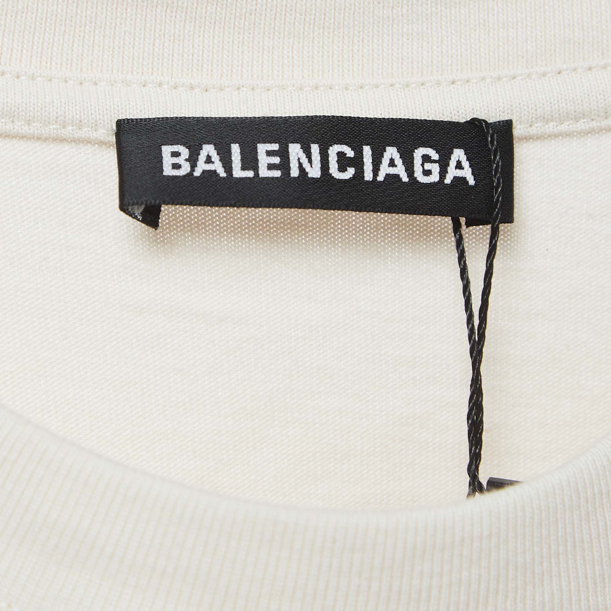 Balenciaga Off-White Logo Print Cotton Half Sleeve T-Shirt M