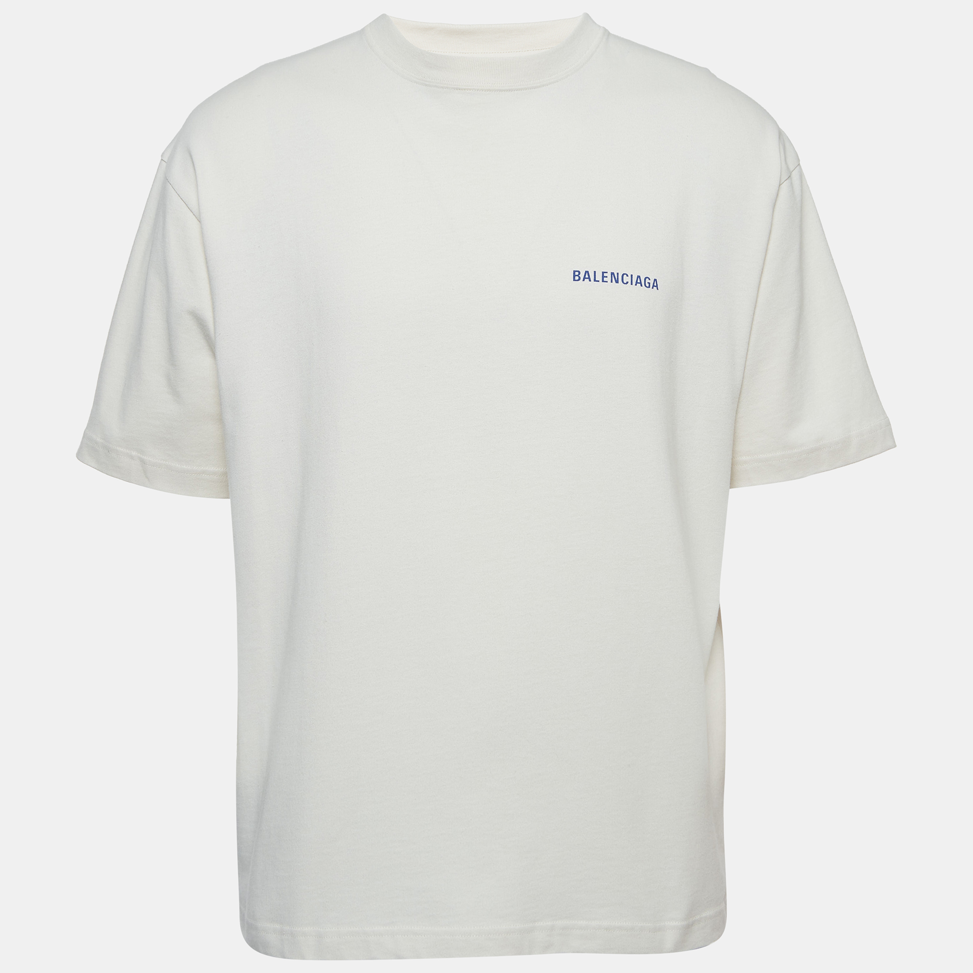 Balenciaga Off-White Logo Print Cotton Half Sleeve T-Shirt M
