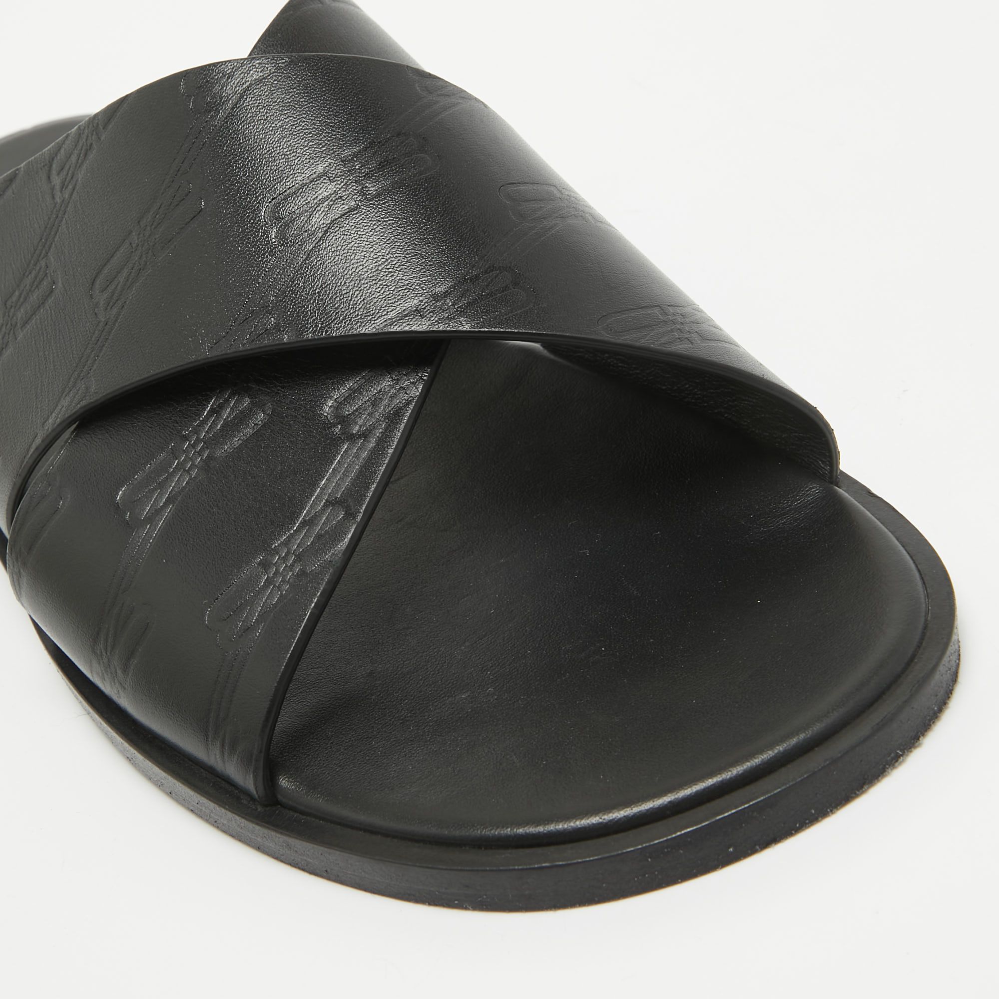 Balenciaga Black Logo Embossed Leather Slides Size 42