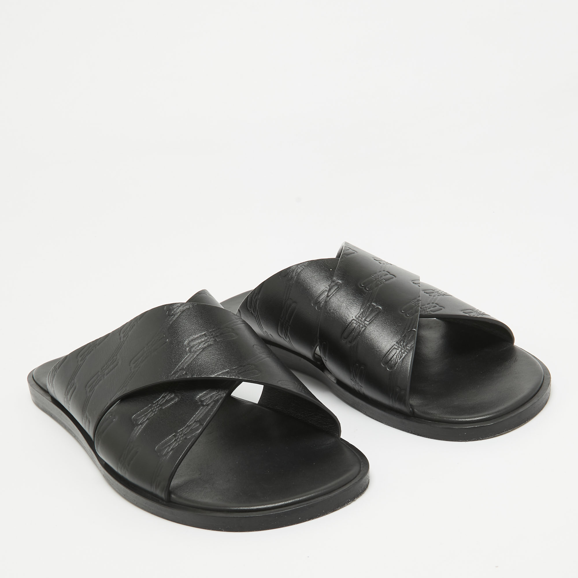 Balenciaga Black Logo Embossed Leather Slides Size 42