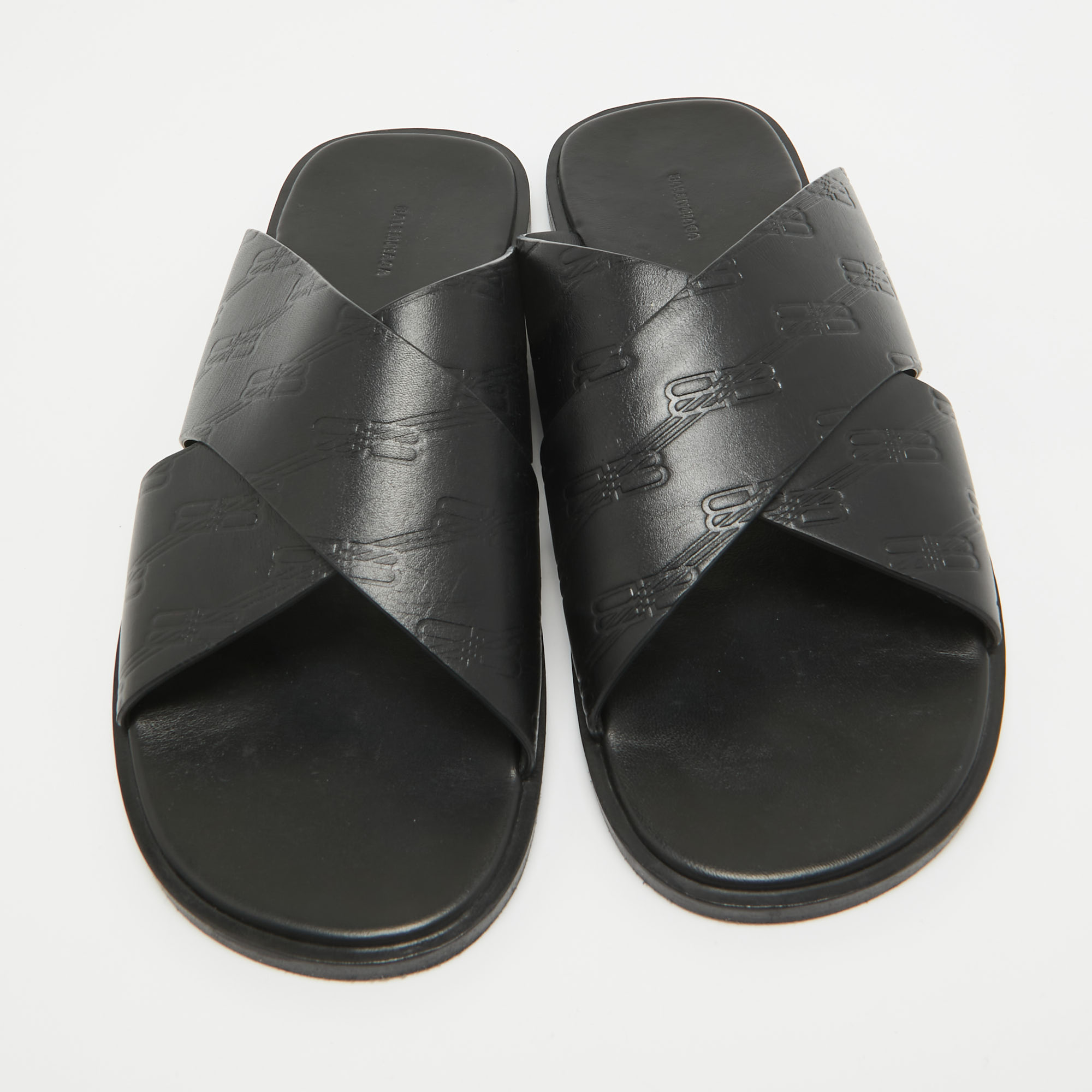 Balenciaga Black Logo Embossed Leather Slides Size 42