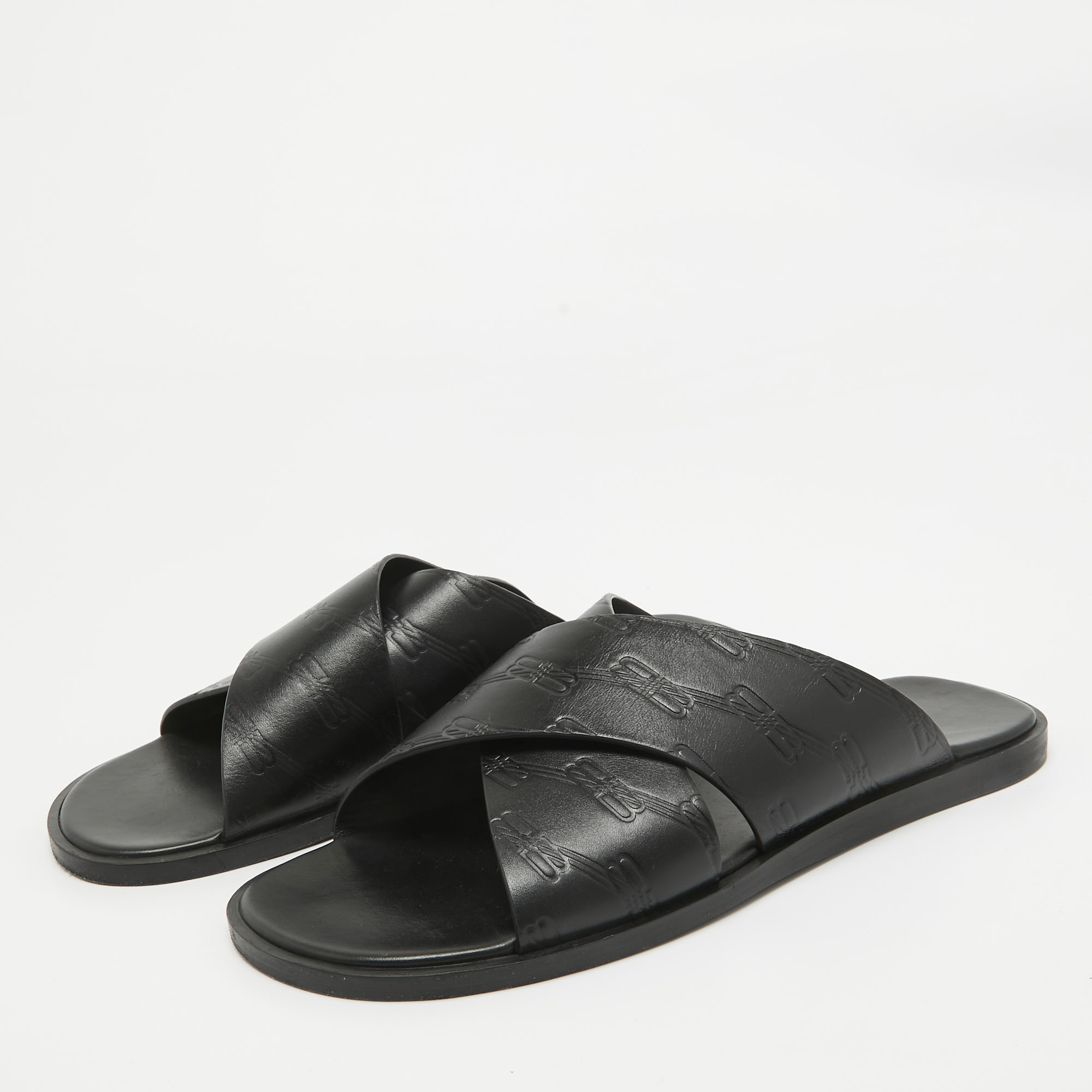 Balenciaga Black Logo Embossed Leather Slides Size 42