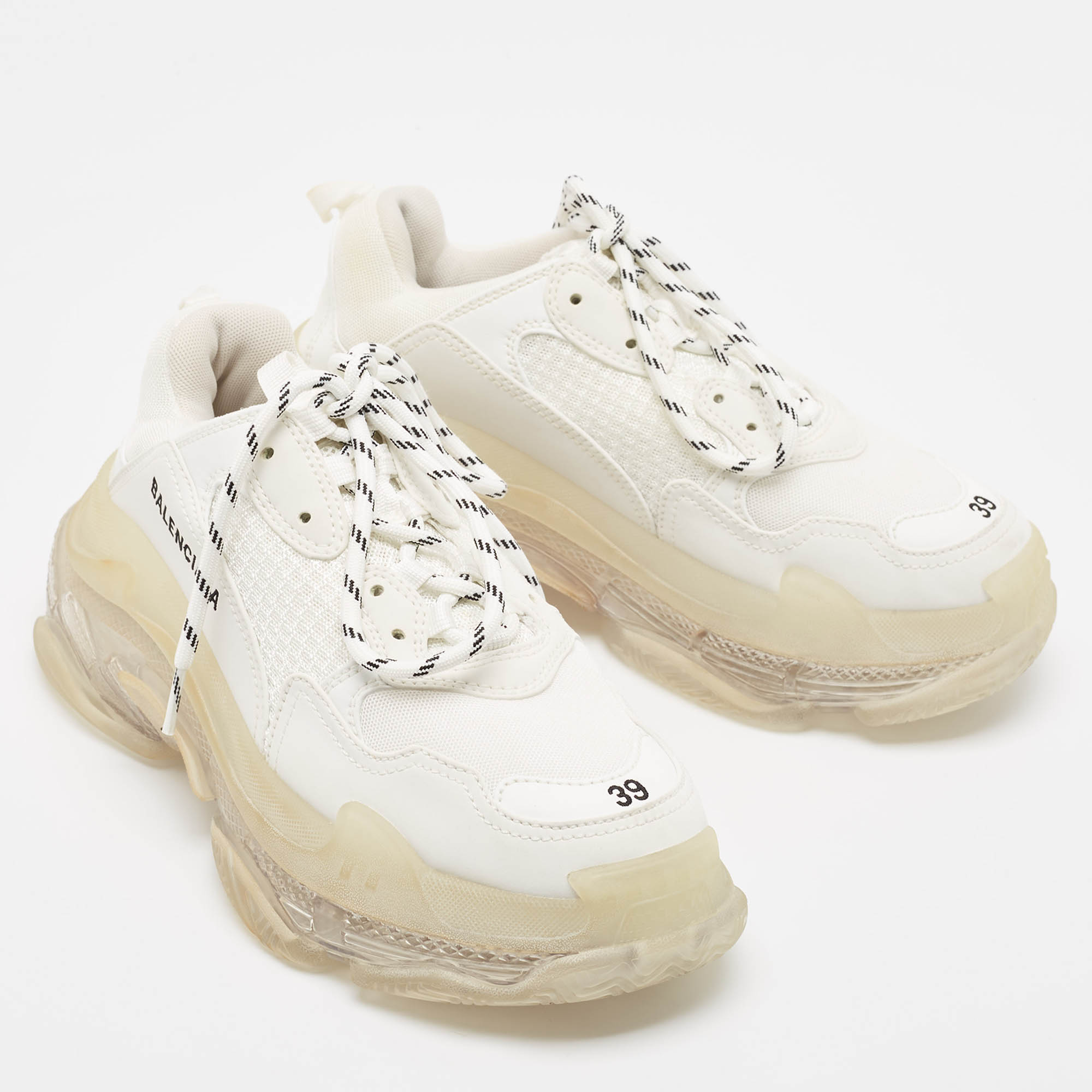 Balenciaga White Faux Leather And Mesh Triple S Clear Sole Sneakers Size 39