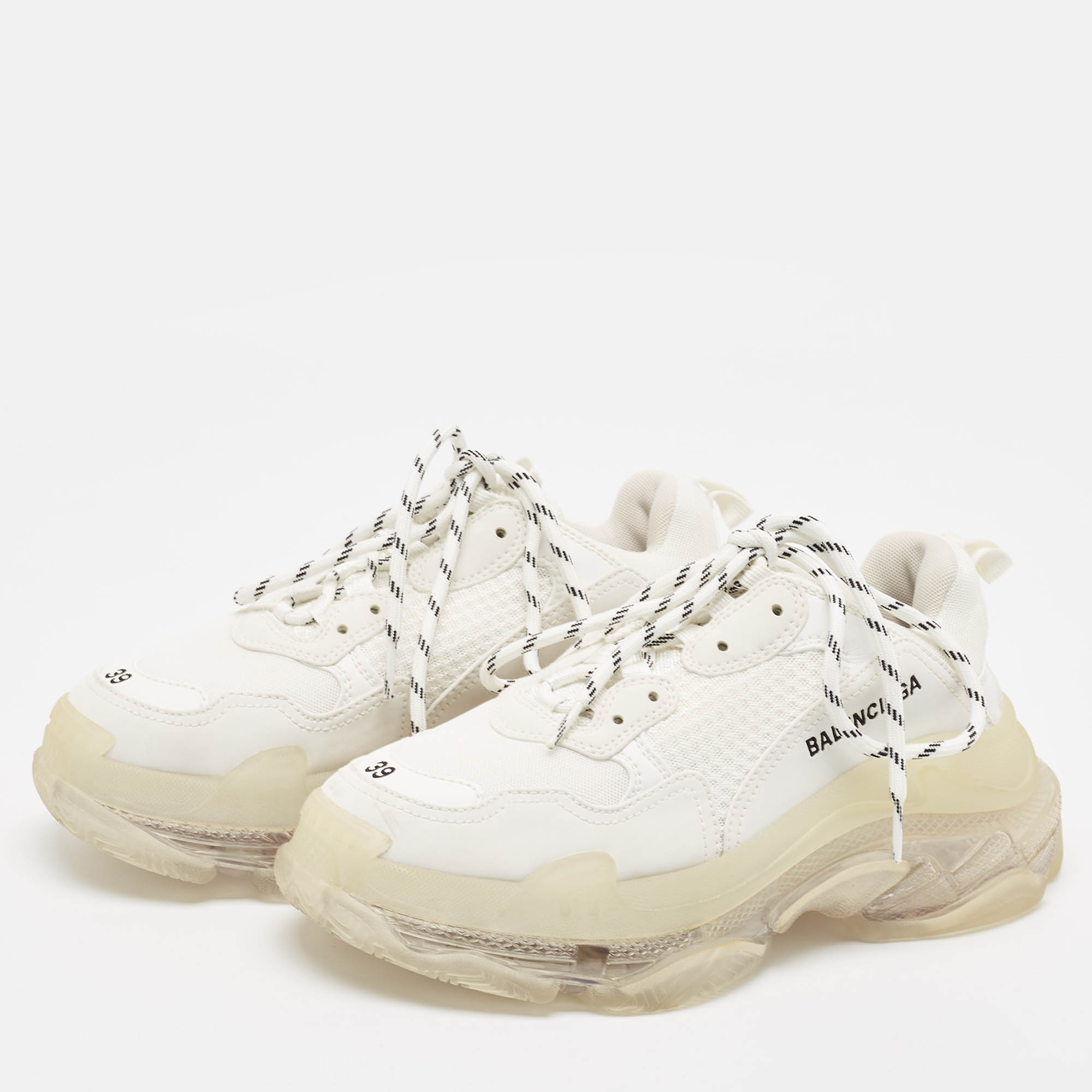 Balenciaga White Faux Leather And Mesh Triple S Clear Sole Sneakers Size 39