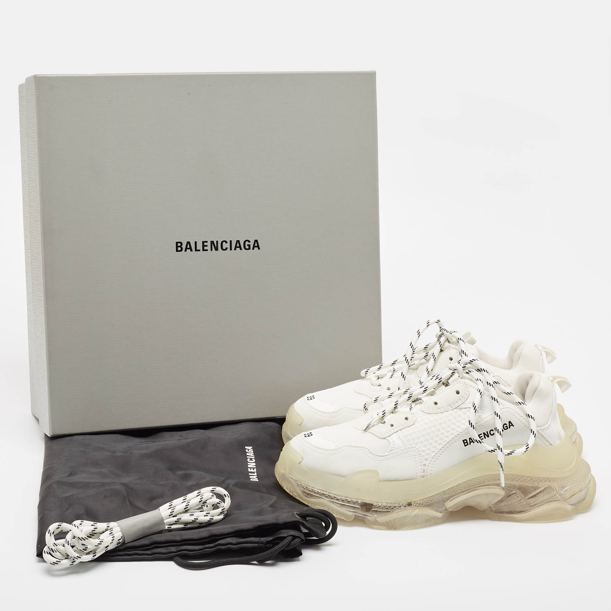 Balenciaga White Faux Leather And Mesh Triple S Clear Sole Sneakers Size 39