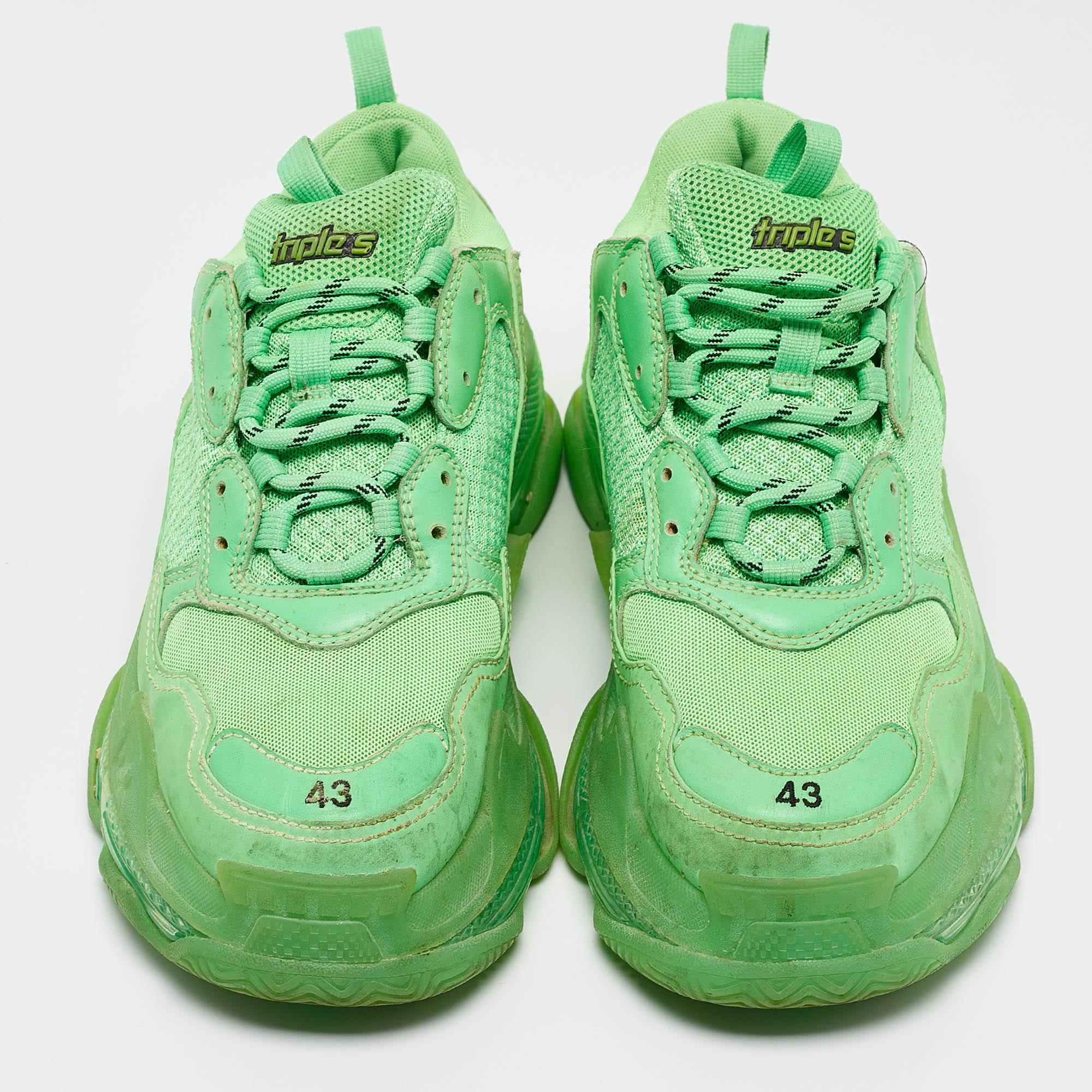 Balenciaga Green Faux Leather And Mesh Triple S Clear Sole Lace Up Sneakers Size 43