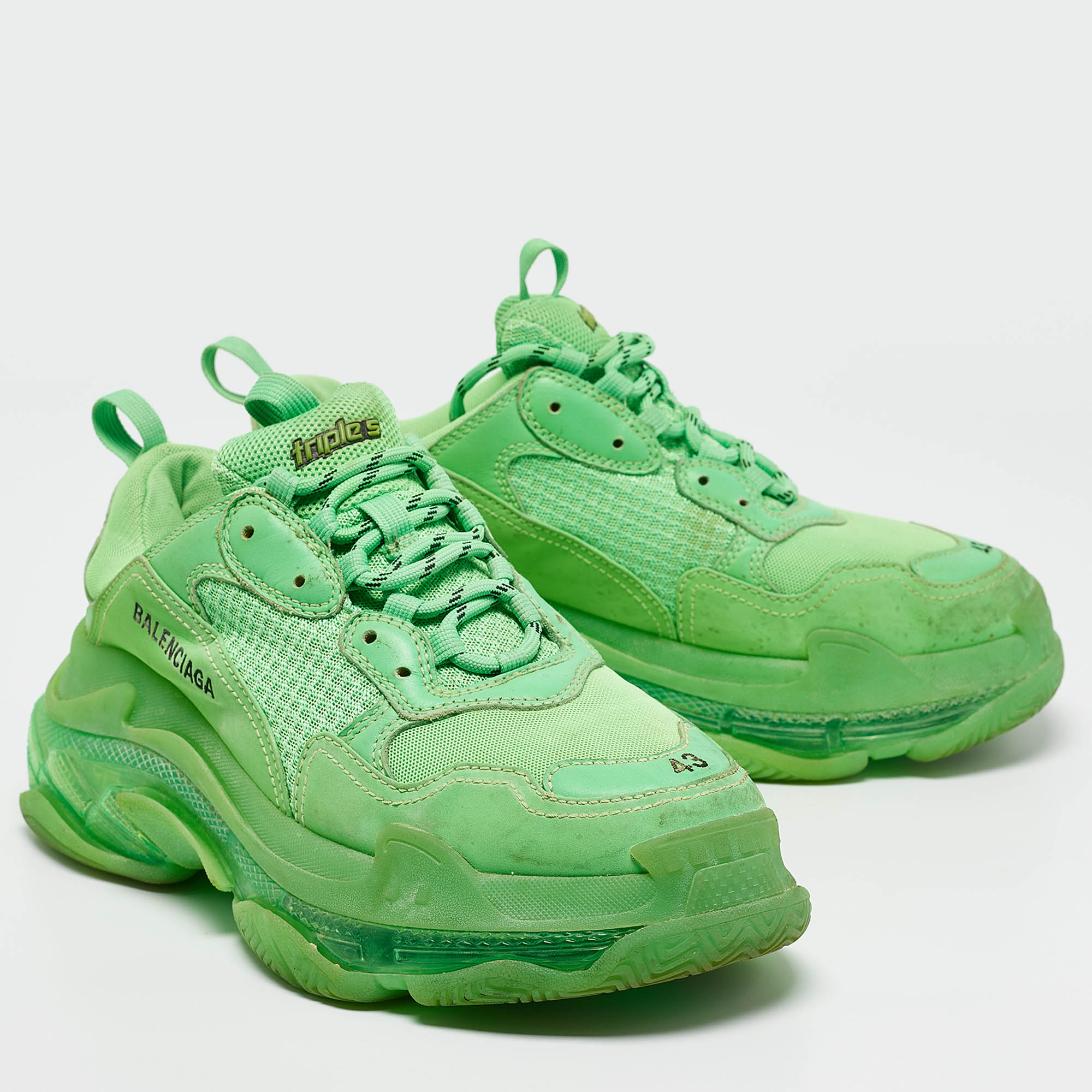 Balenciaga Green Faux Leather And Mesh Triple S Clear Sole Lace Up Sneakers Size 43