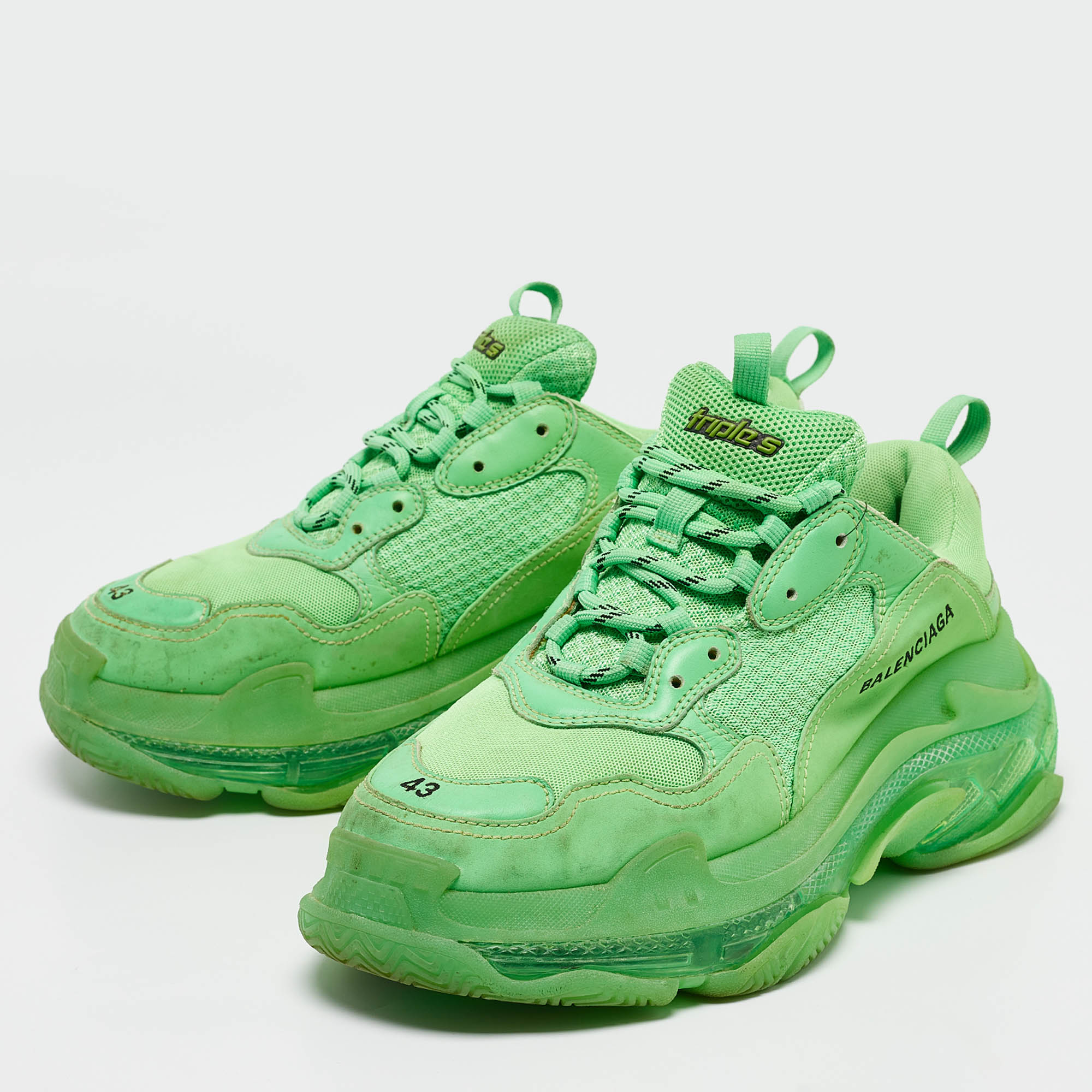 Balenciaga Green Faux Leather And Mesh Triple S Clear Sole Lace Up Sneakers Size 43