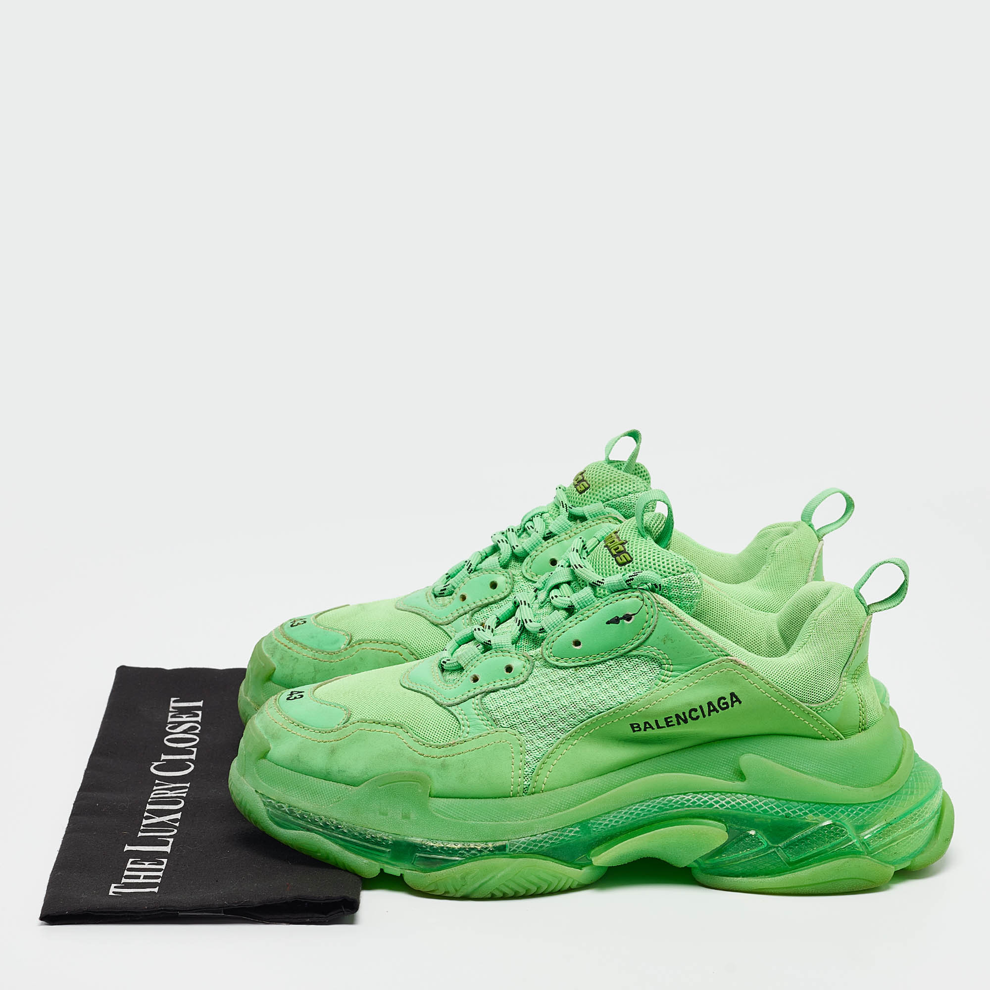 Balenciaga Green Faux Leather And Mesh Triple S Clear Sole Lace Up Sneakers Size 43