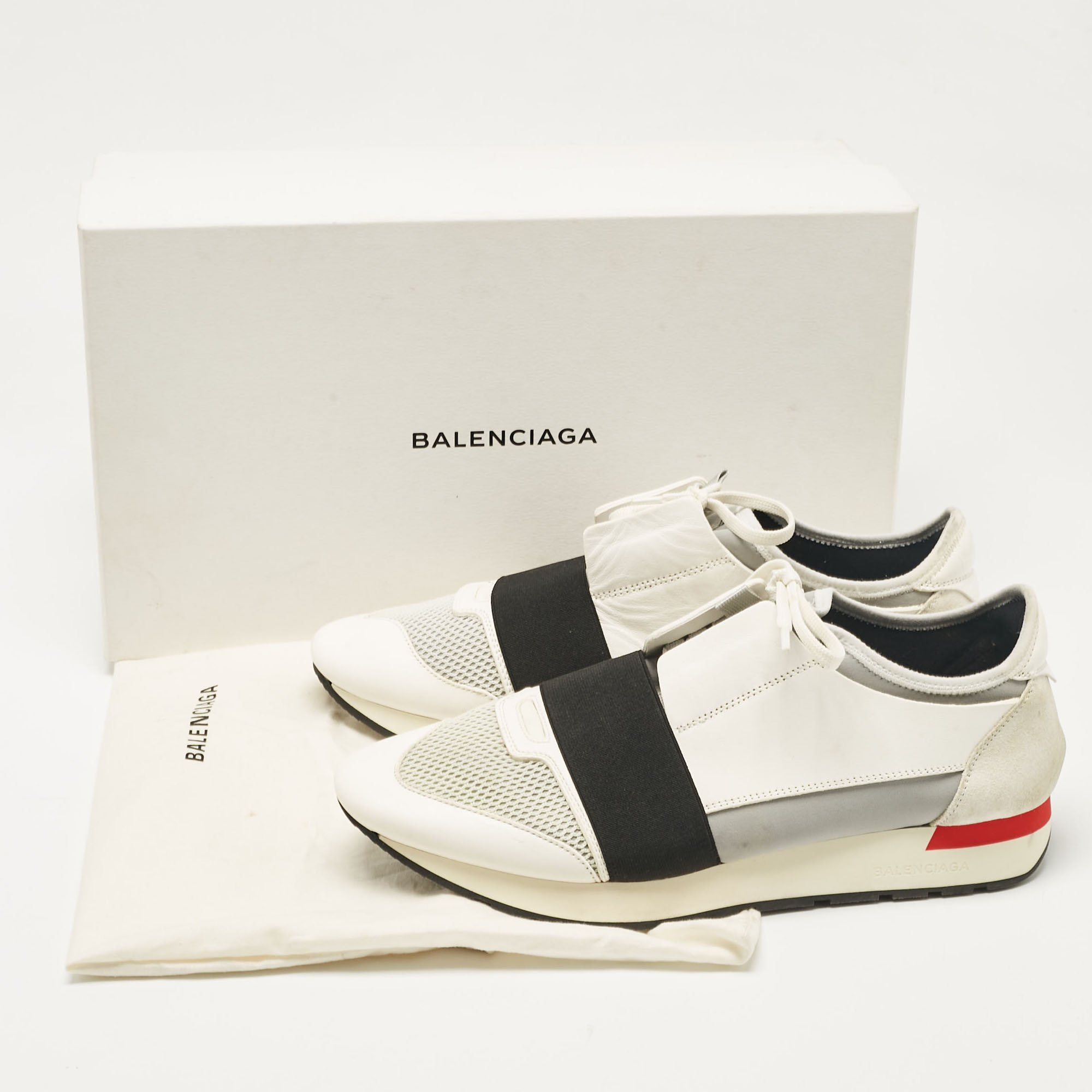 Balenciaga White Fabric And  Leather Race Runner Lace Up Sneakers Size 43