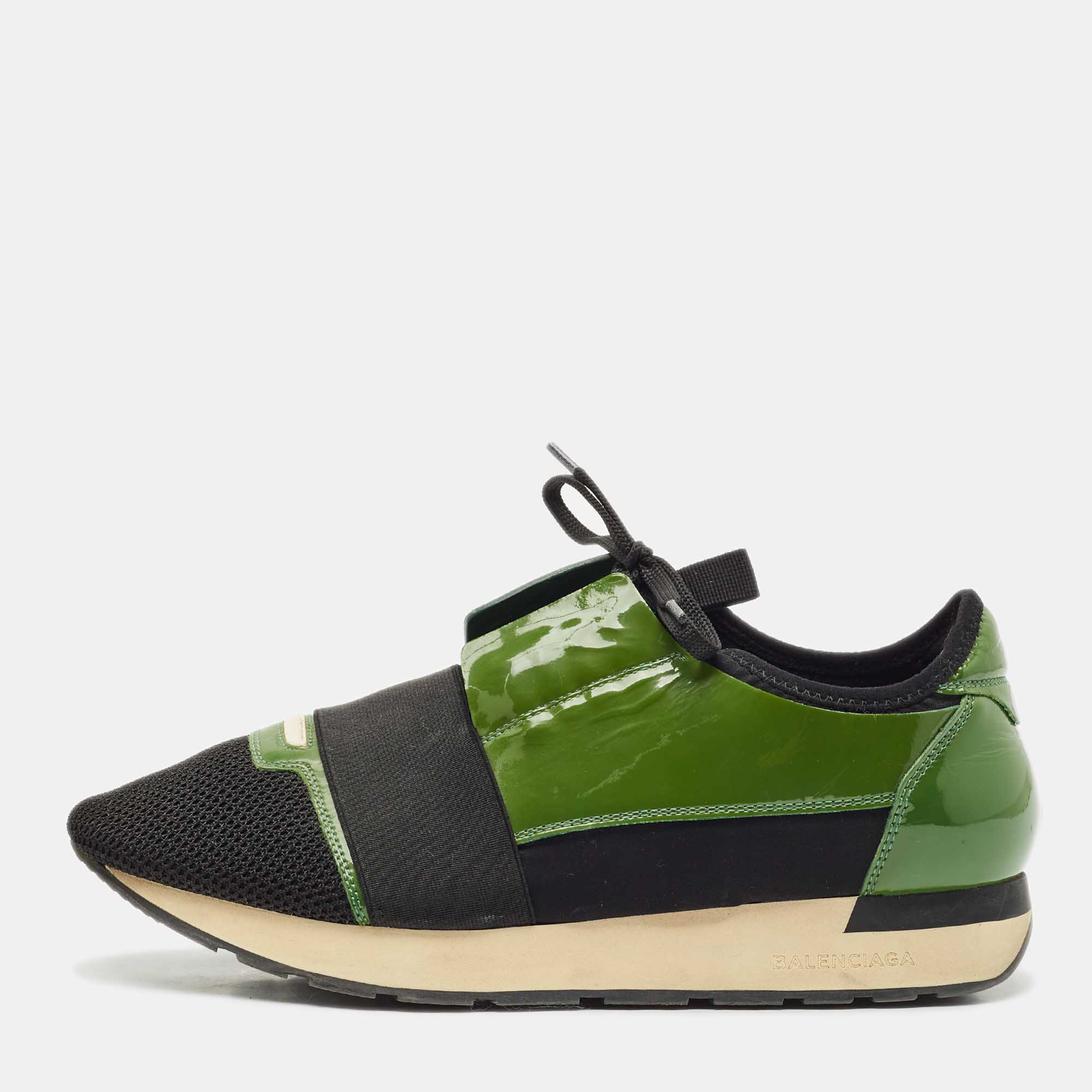 Balenciaga Black/Green Patent Leather and Mesh Race Runner Sneakers Size
Balenciaga Black/Green Patent Leather and Mesh Race Runner Sneakers Size