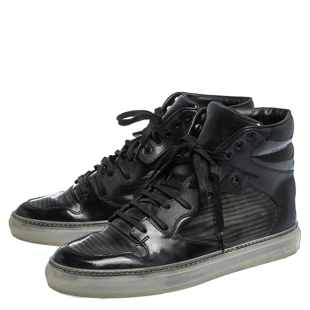Balenciaga Black Leather And PVC Patchwork High Top Sneakers Size 41