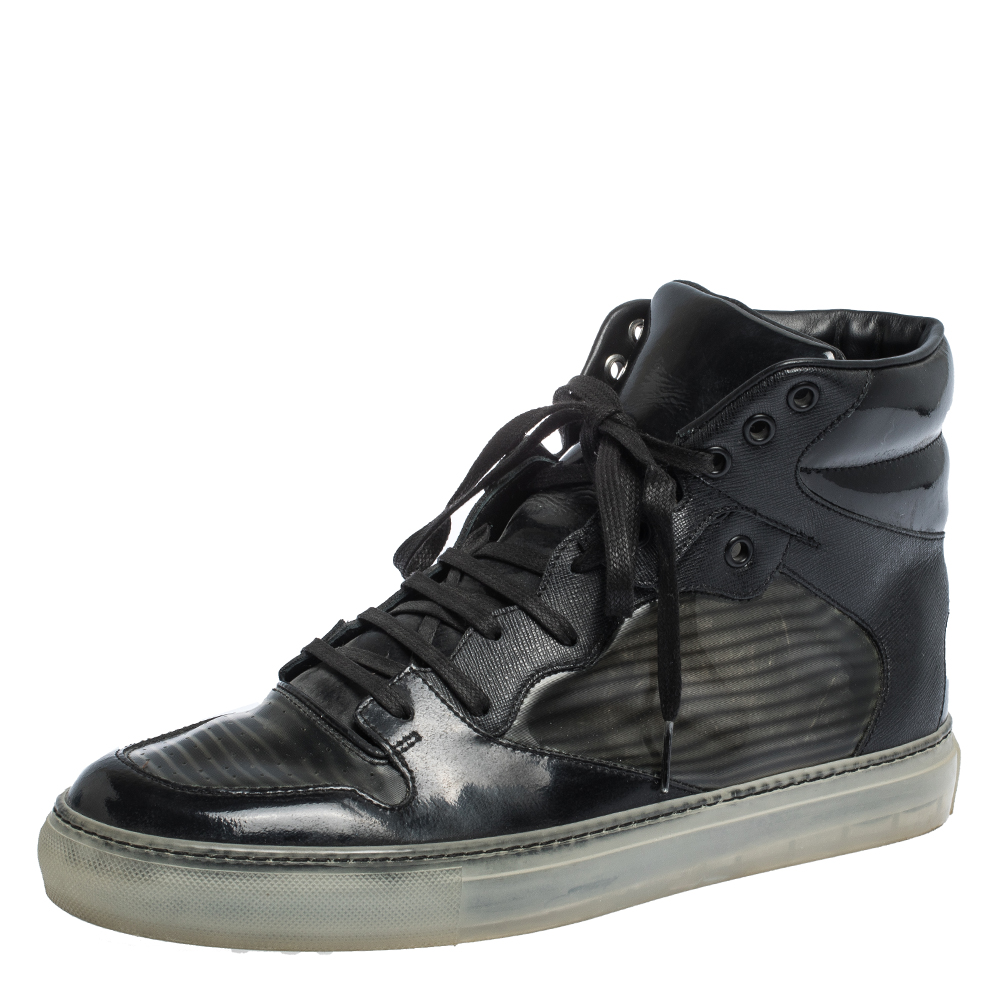 Balenciaga Black Leather And PVC Patchwork High Top Sneakers Size 41