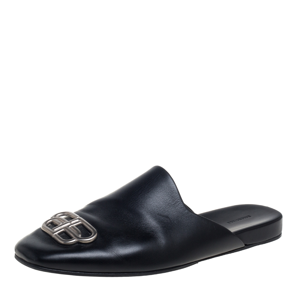 Balenciaga Black Leather Cosy BB Logo Embellished Mule Sandals Size 43