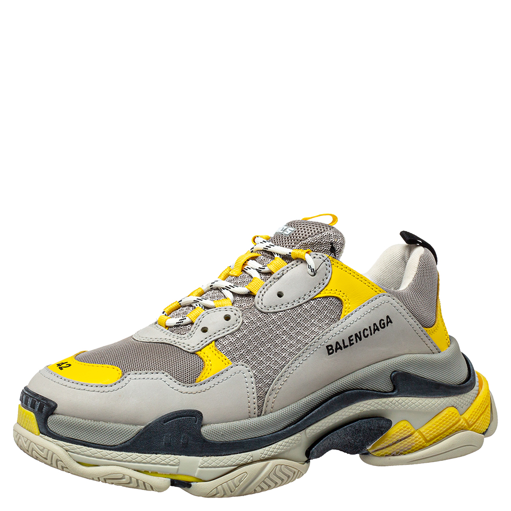 Balenciaga Grey/Yellow Nubuck, Leather And Mesh Triple S Trainer Sneakers Size 42