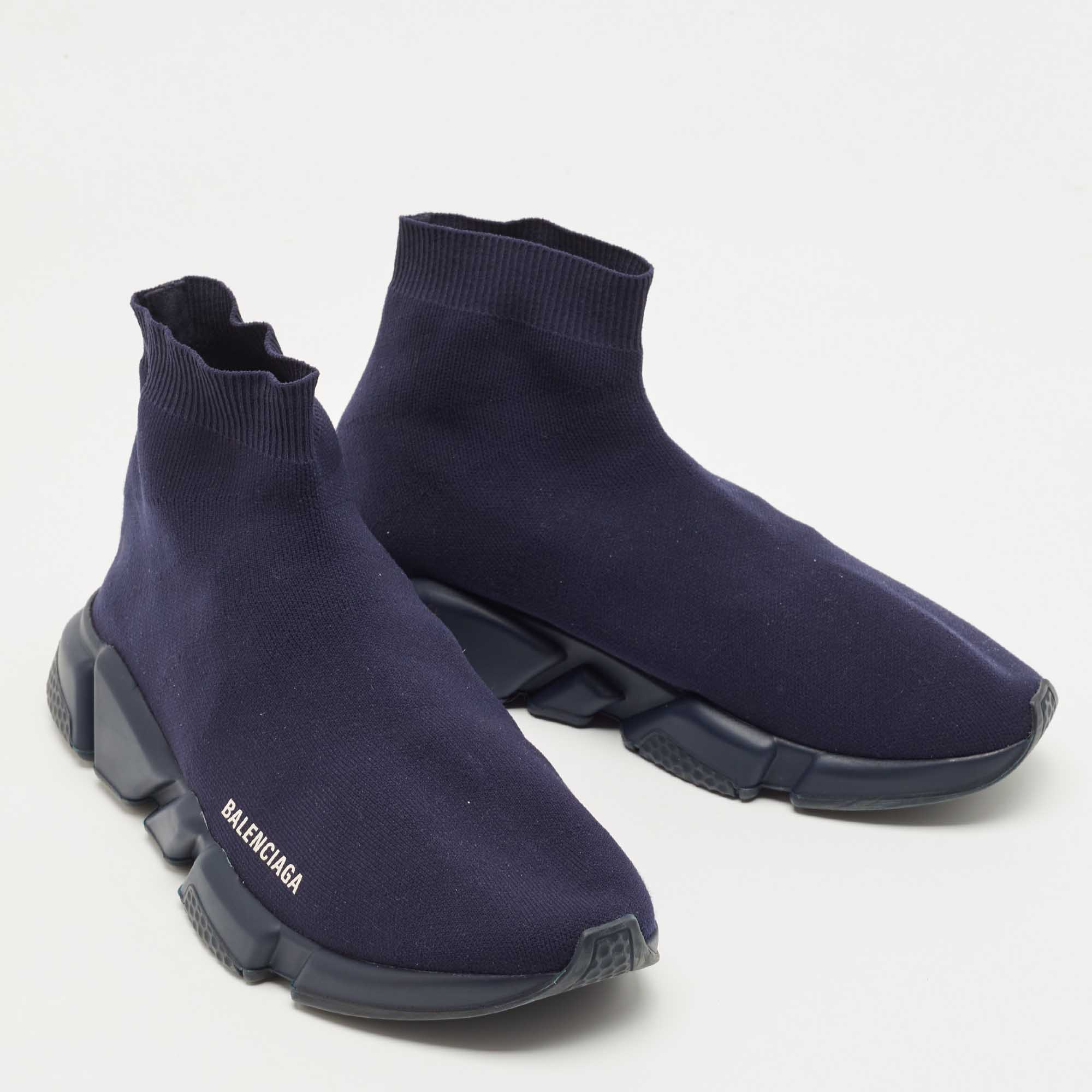 Balanciaga Navy Blue Knit Fabric High Top Sneakers Size 43