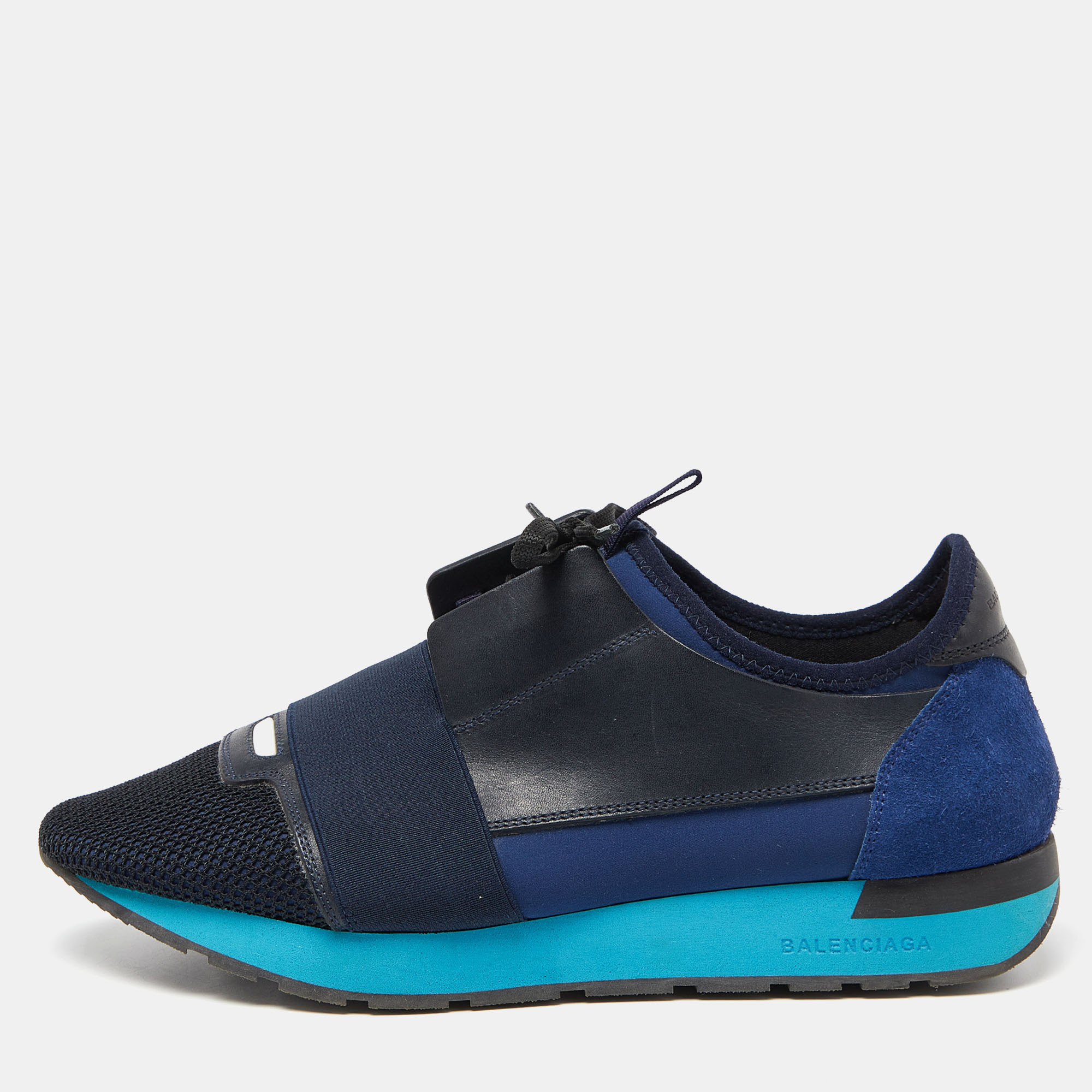 Balenciaga Blue/Black Leather,Suede And Mesh Race Runner Low Top Sneakers Size 41