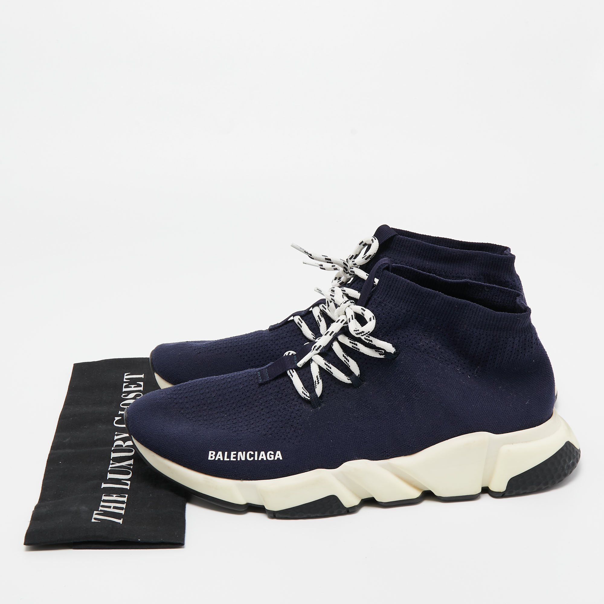 Balenciaga Navy Blue Knit Fabric Speed Trainer Sneakers Size 45