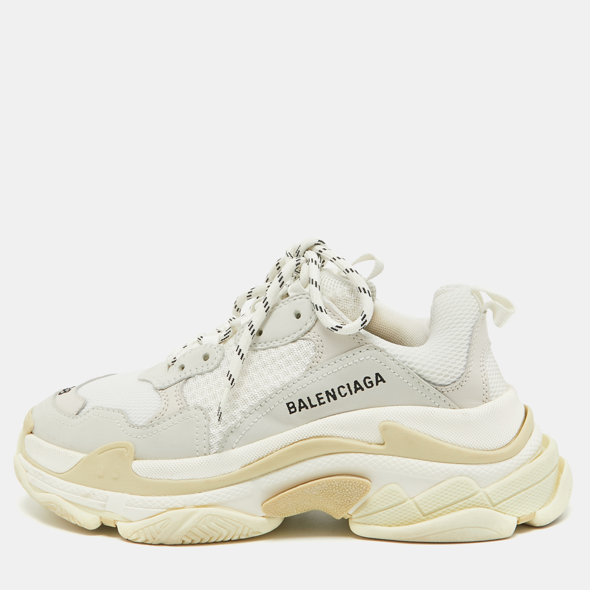 Balenciaga White/Grey Leather And Mesh Triple S Sneakers Size 38