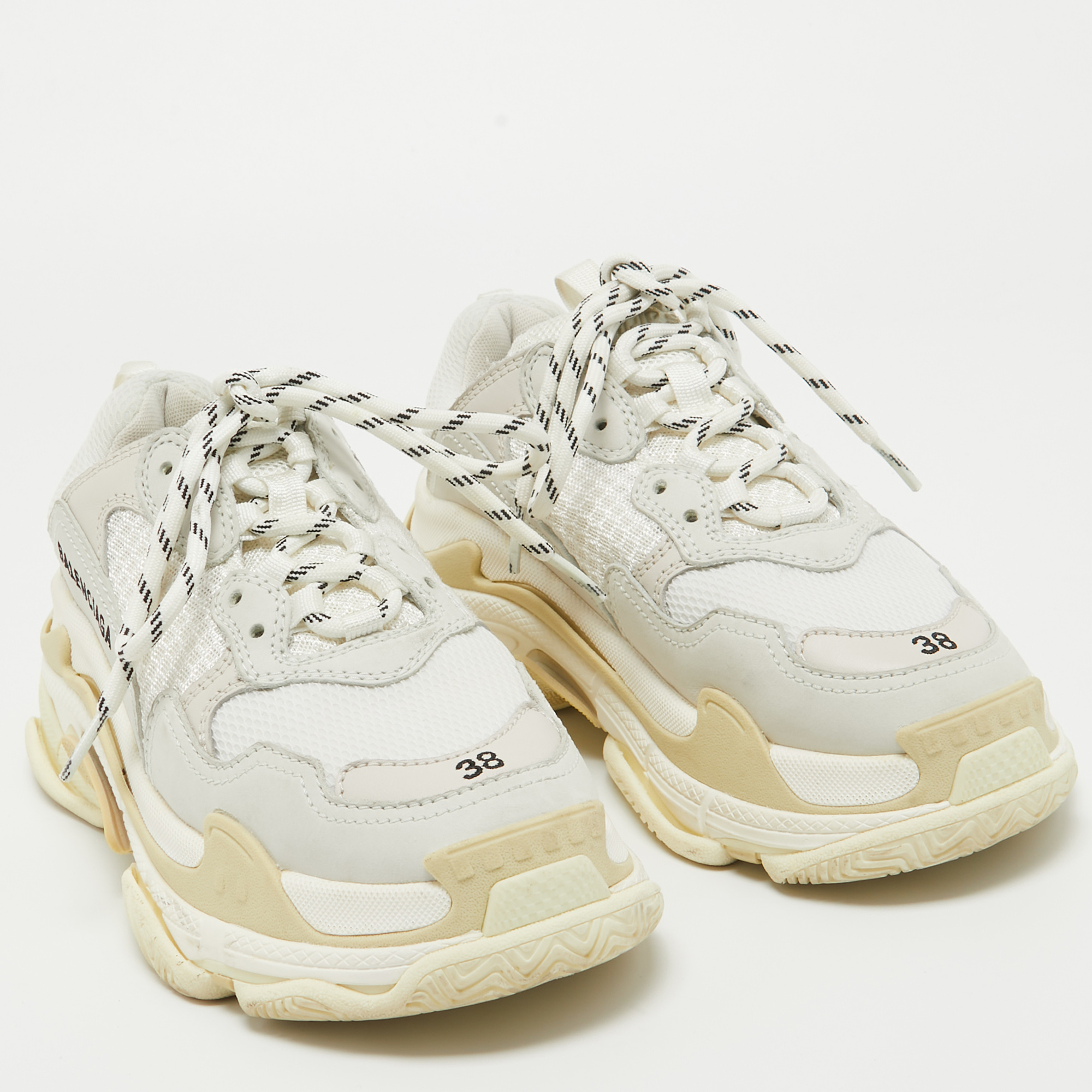 Balenciaga White/Grey Leather And Mesh Triple S Sneakers Size 38