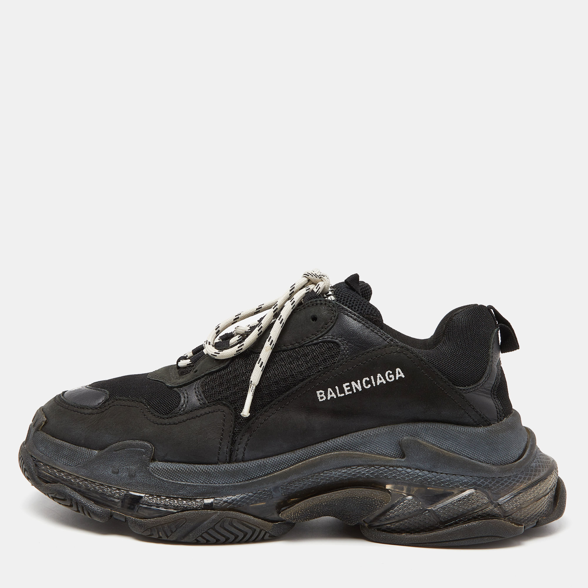 Balenciaga Black Nubuck Leather And Mesh Triple S Low Top Sneakers Size 44