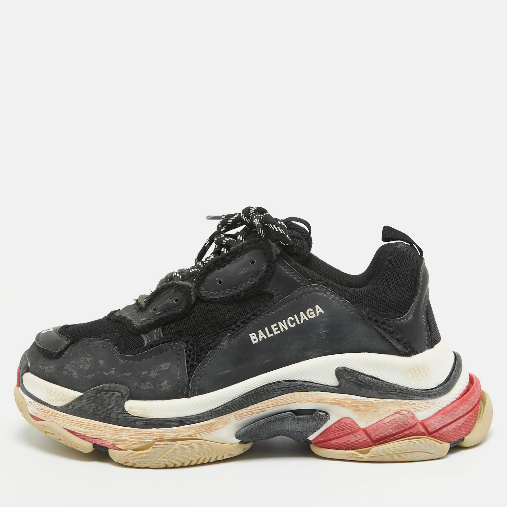 Balenciaga black faux leather and mesh distressed triple s sneakers size 43