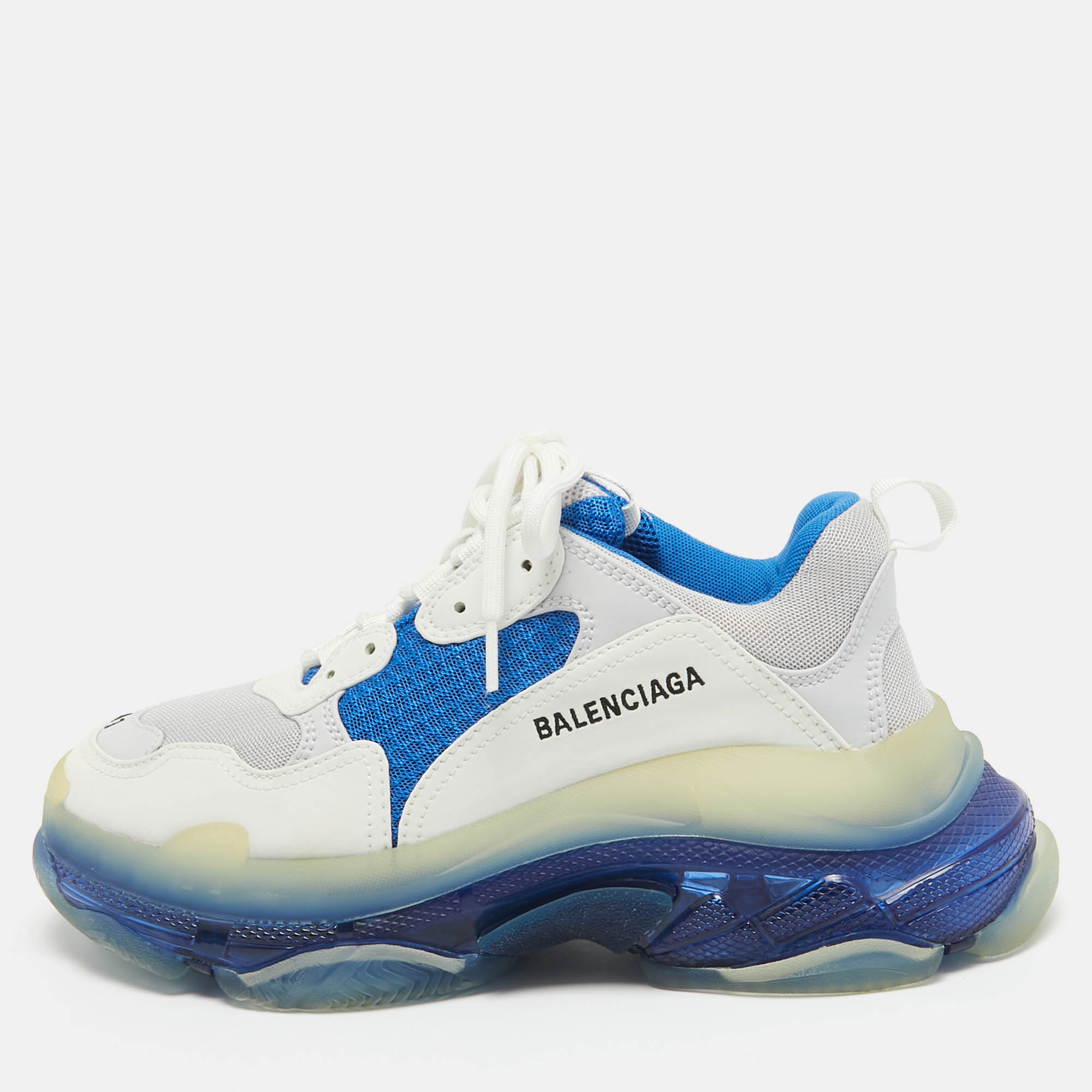 Balenciaga white/blue leather and mesh triple s clear sole sneakers size 41