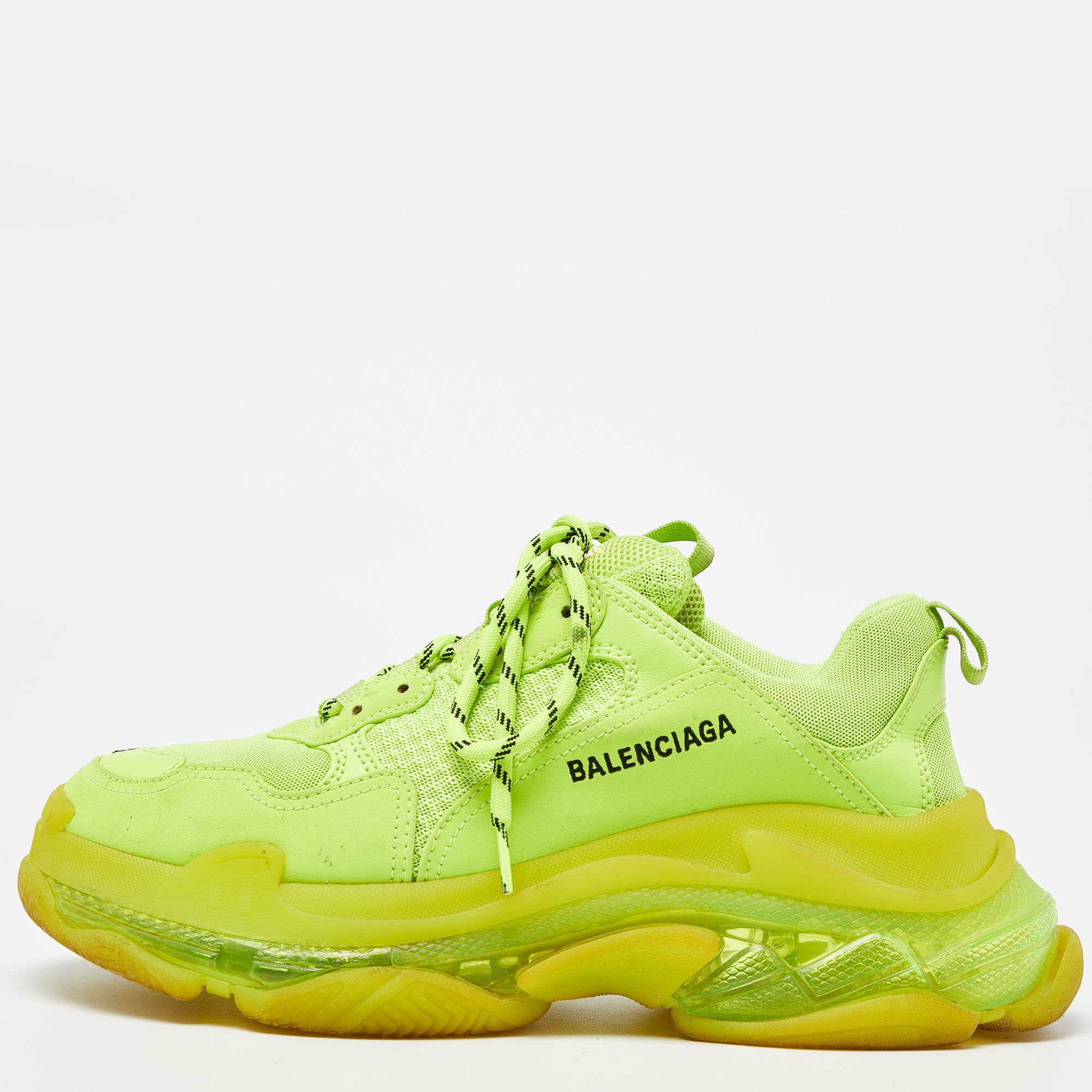 Balenciaga neon green faux leather and mesh triple s clear sole low top sneakers size 42