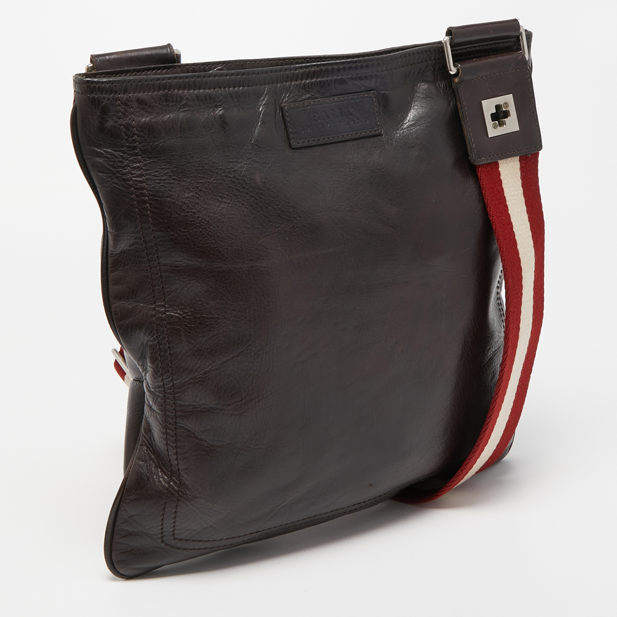 Bally Dark Brown Leather Flat Messenger Bag