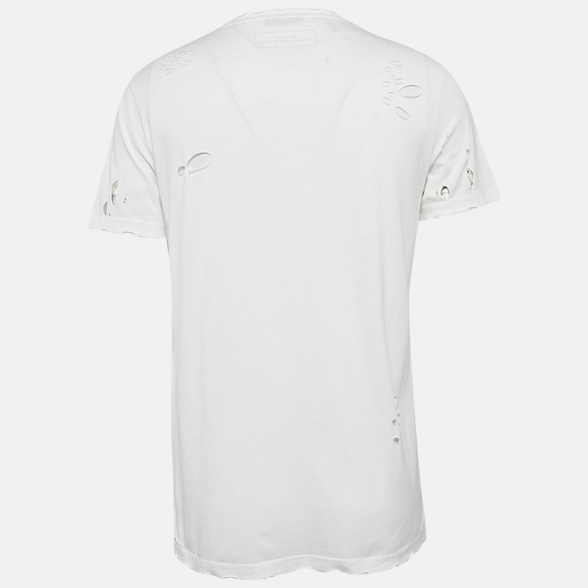 Balmain White Cotton Logo Print Jersey Distressed Crewneck T-Shirt L