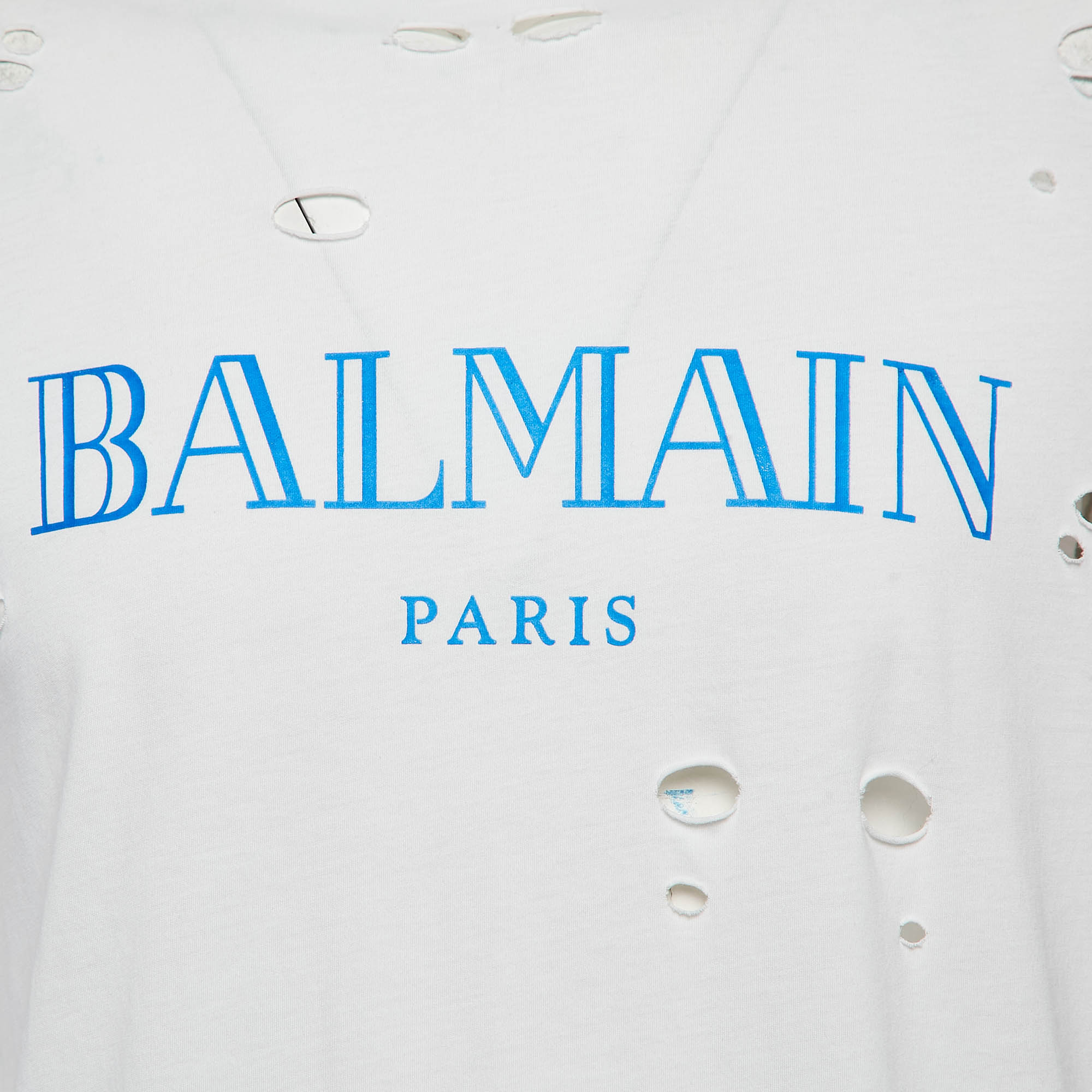 Balmain White Cotton Logo Print Jersey Distressed Crewneck T-Shirt L