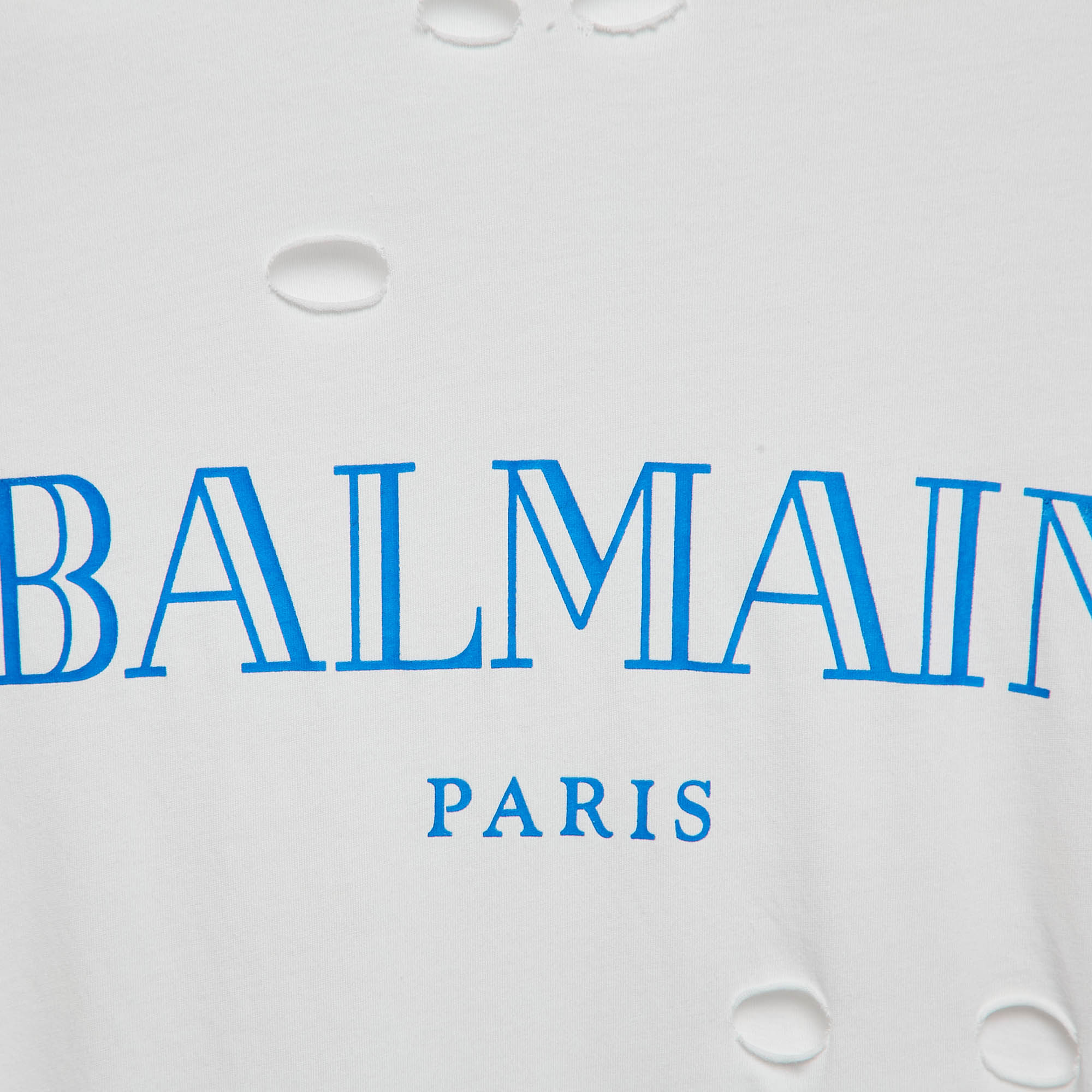 Balmain White Cotton Logo Print Jersey Distressed Crewneck T-Shirt L