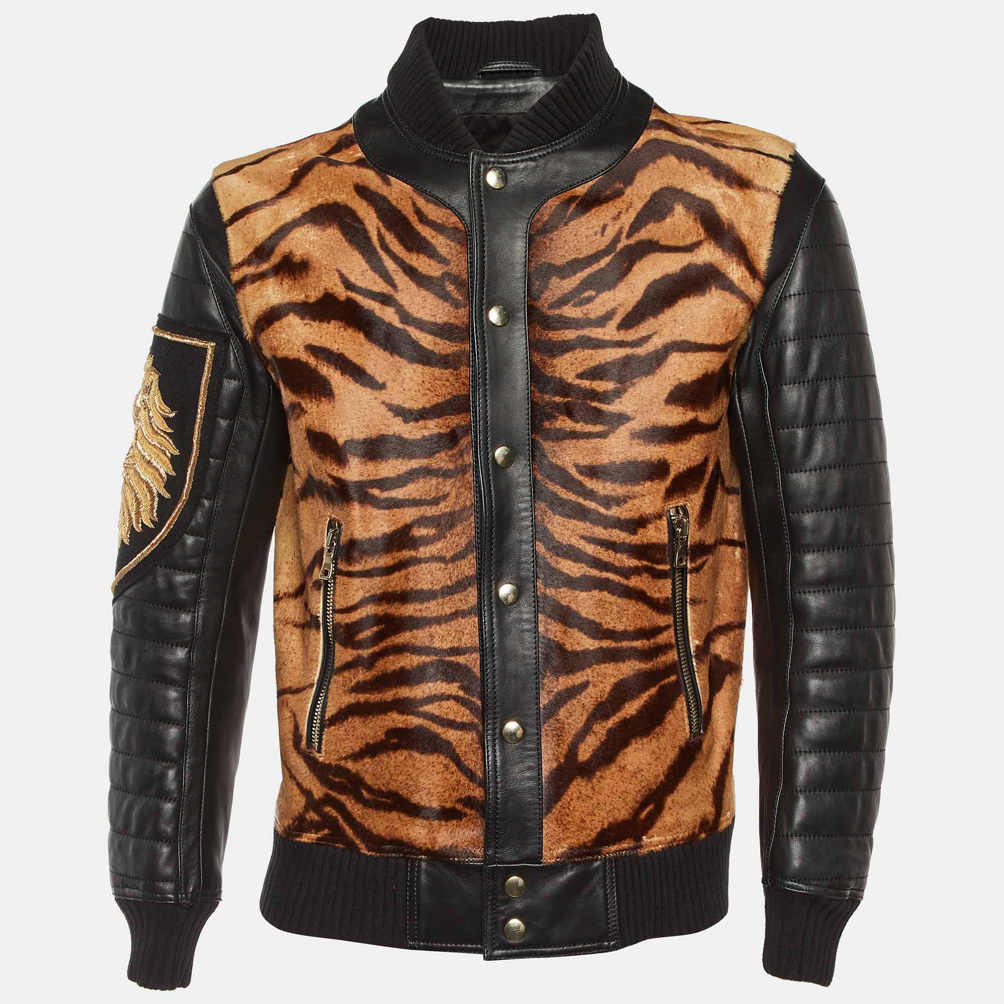 Balmain Black Animal Print Leather Tiger Embellished Bomber Jacket L
Balmain Black Animal Print Leather Tiger Embellished Bomber Jacket L
