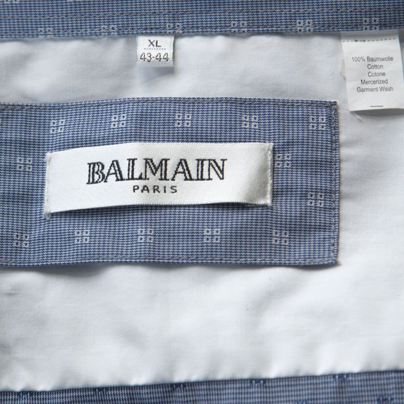 Balmain Blue Square Patterm Cotton Shirt XL