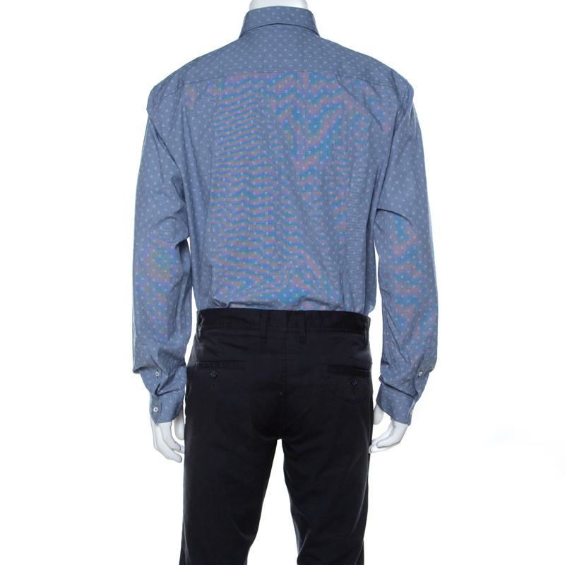 Balmain Blue Square Patterm Cotton Shirt XL