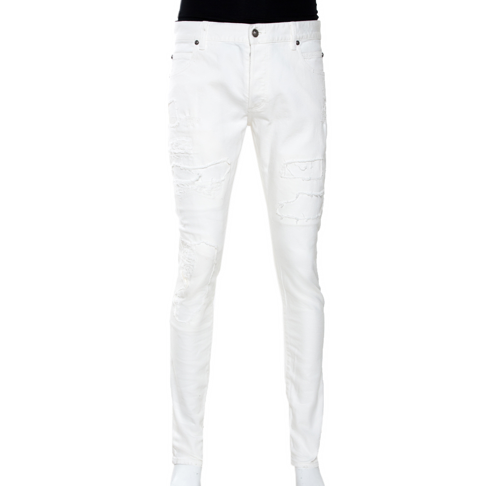 Image of Balmain White Distressed Denim Slim Fit Jeans M