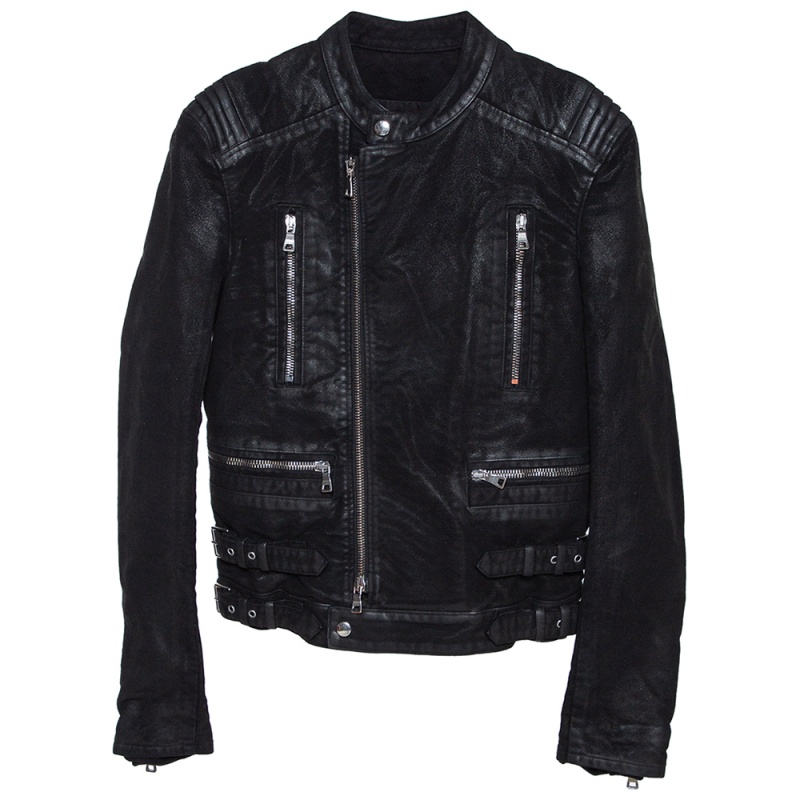 Image of Balmain Black Coated Cotton Zip Front Biker Jacket S