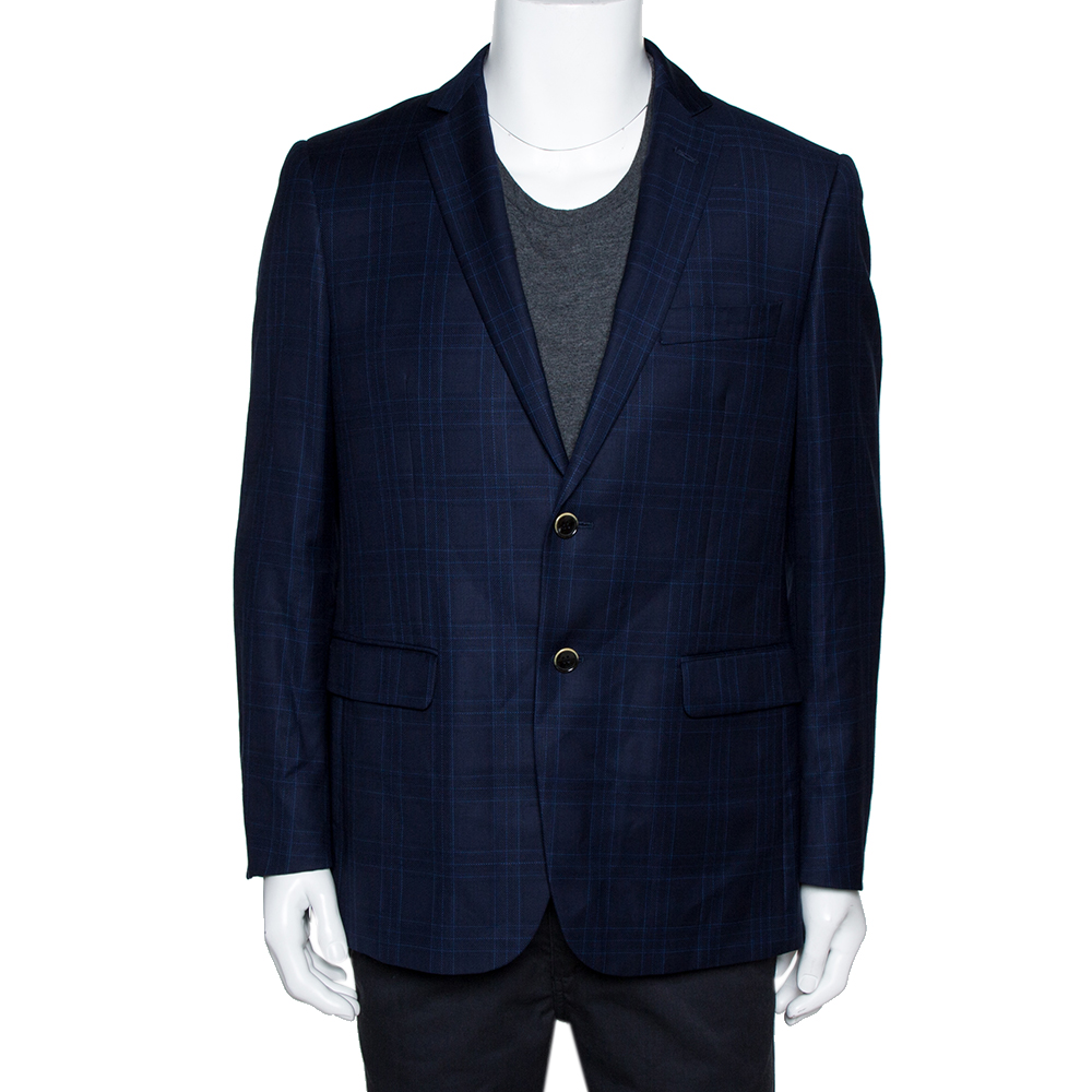 Image of Balmain Super s Navy Blue Checkered Wool Slim Fit Blazer XL