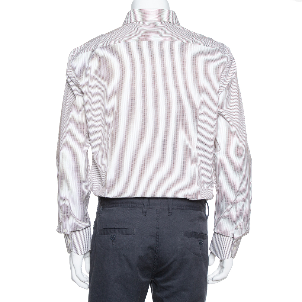Balmain Cream & Brown Striped Cotton Button Front Slim Fit Two Ply Shirt L