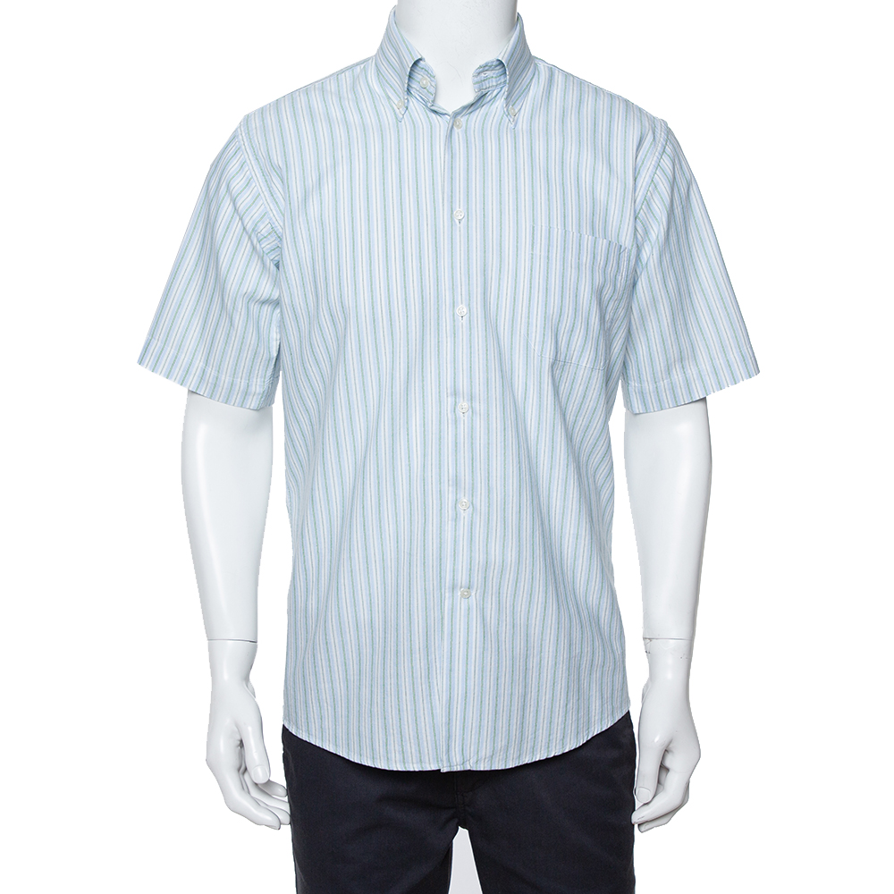 Balmain Tricolor Striped Cotton Short Sleeve Shirt M