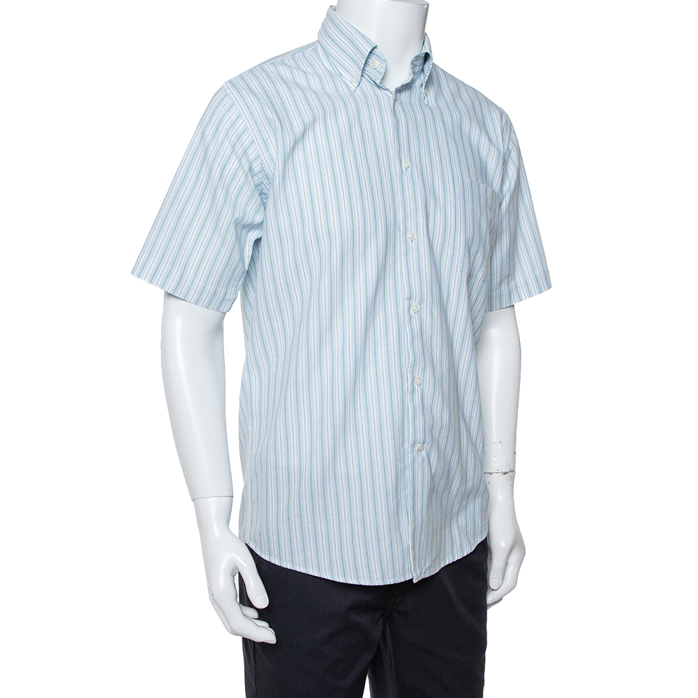 Balmain Tricolor Striped Cotton Short Sleeve Shirt M