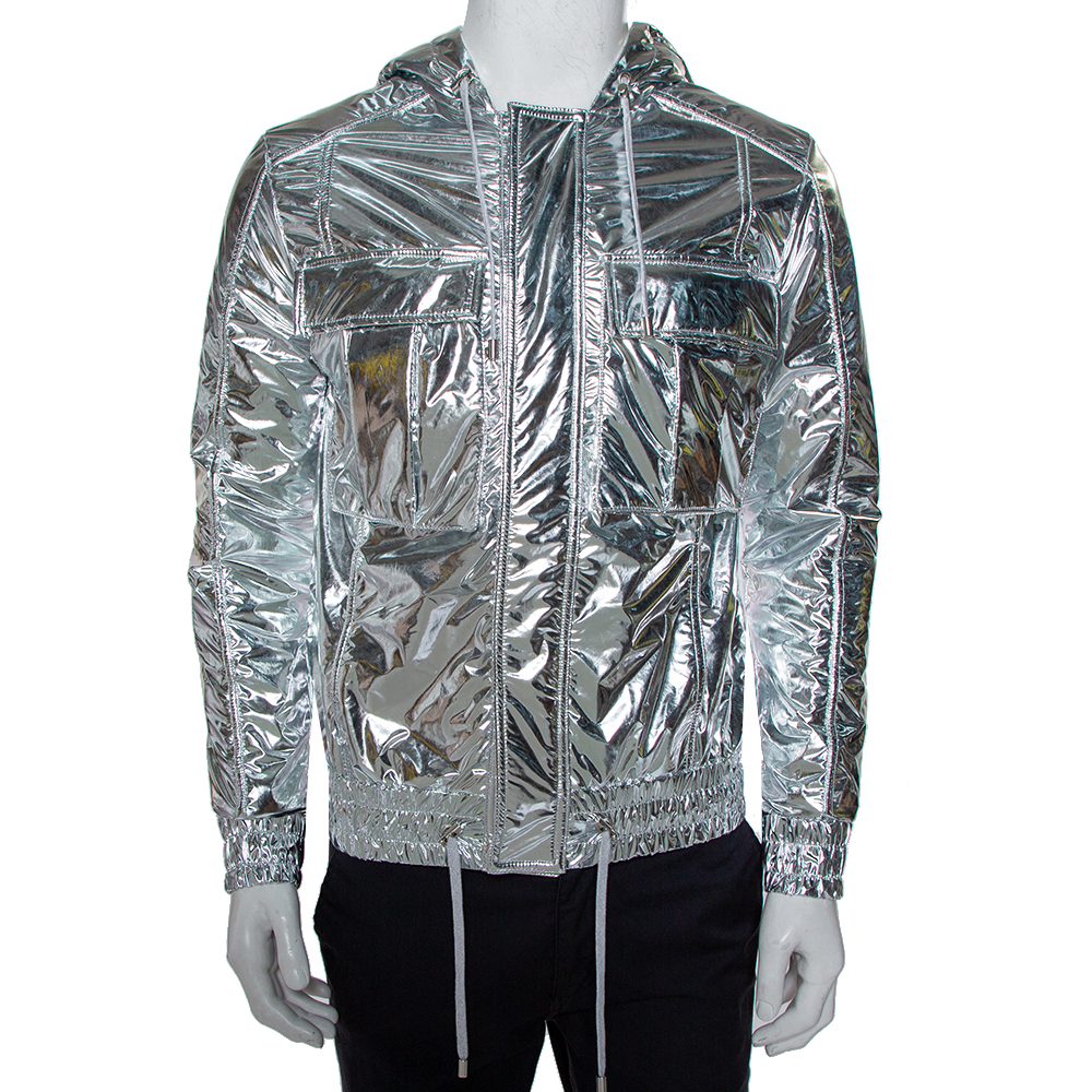 Balmain Metallic Synthetic Drawstring Hooded Jacket XS