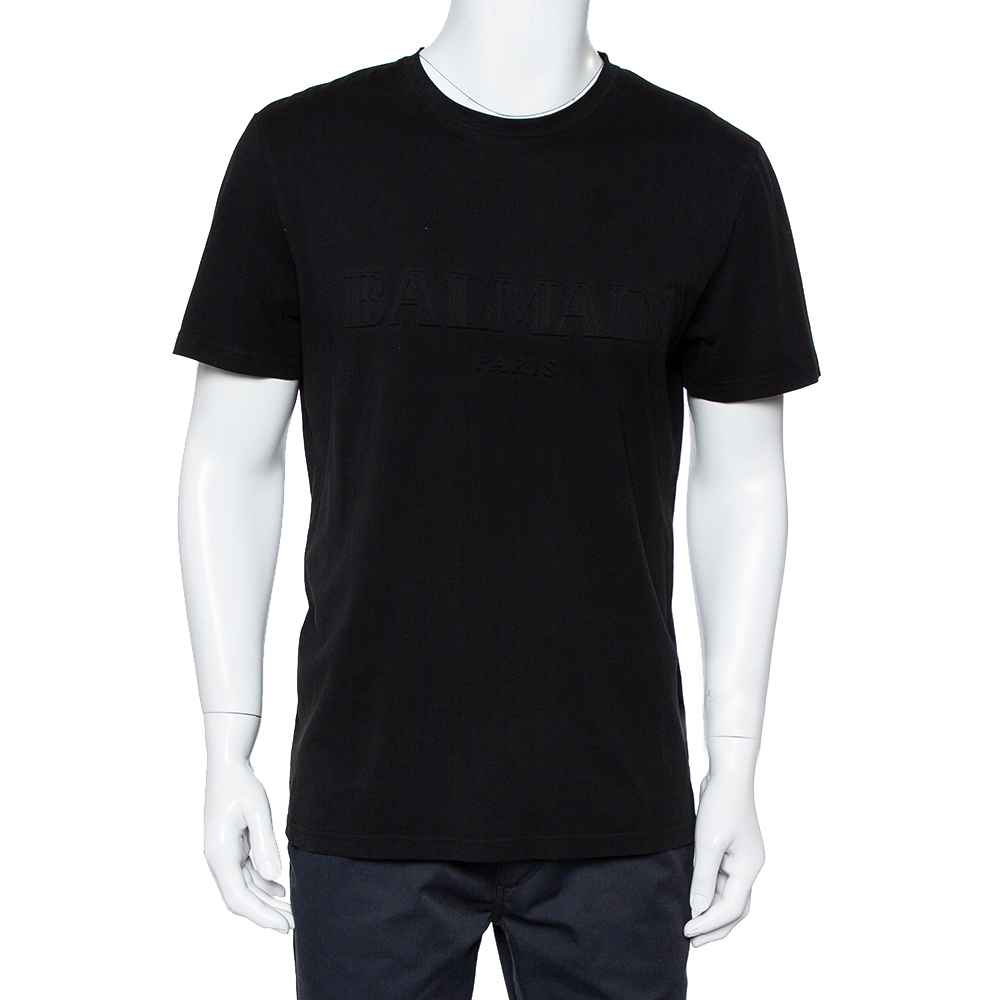 Balmain Black Logo Embossed Cotton Knit Crewneck T-Shirt L
